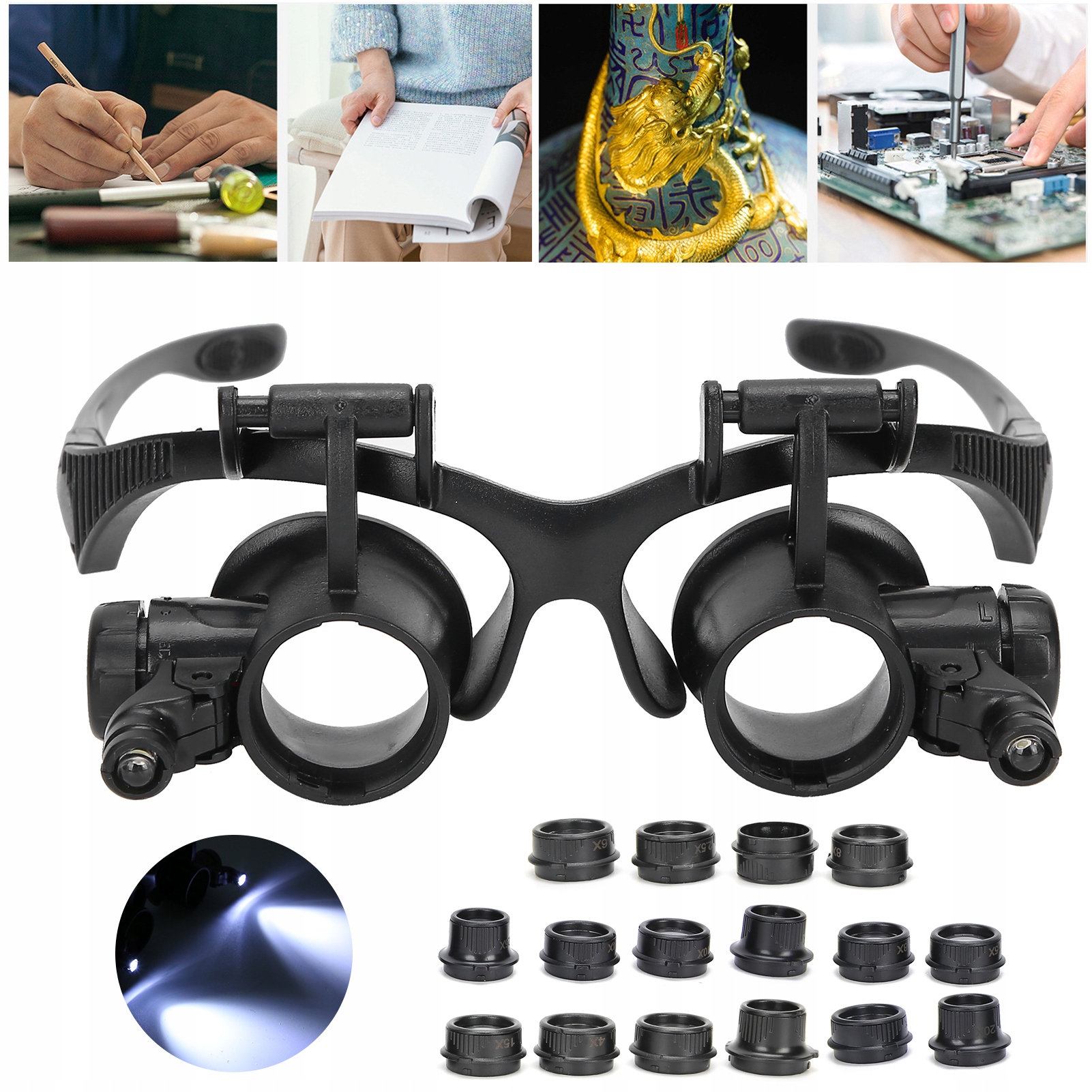 LUPA NAGŁOWNA, OKULARY ZEGARMISTRZOWSKIE, POWIĘKSZENIE 2,5X - 25X Stan opakowania oryginalne