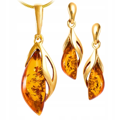 Zlatá Souprava s přírodním Baltský Jantar stříbro 925 pozlacené Řetízek