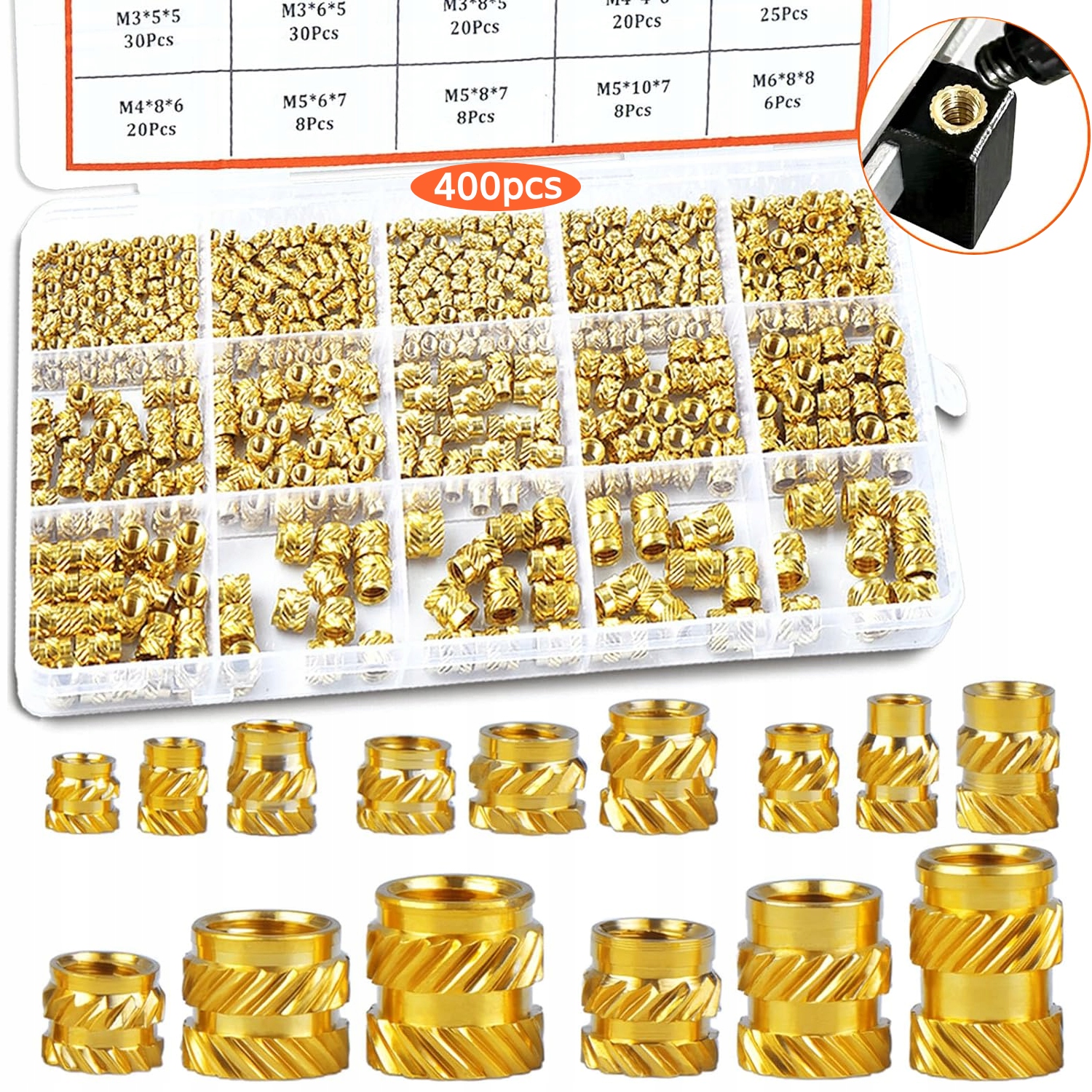 400 szt. Mosiężnych Wtopów Gwintowanych M2 M2.5 M3 M4 M5 M6 do Elementów Druku 3D