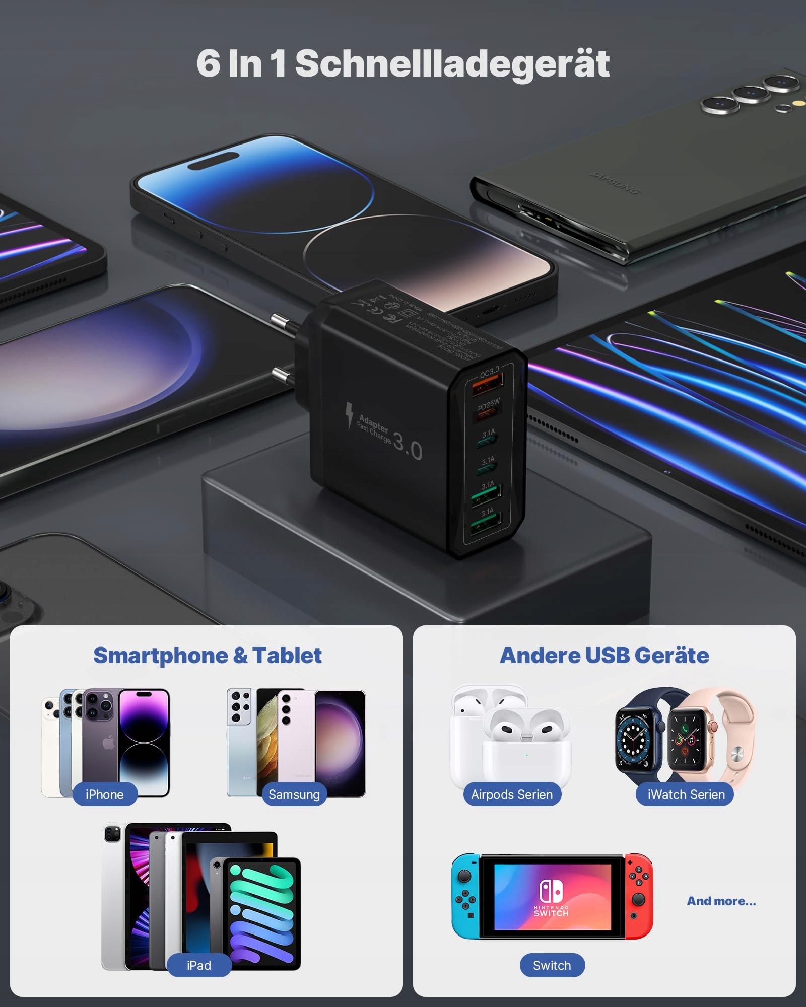 Ładowarka USB C, 6 portów USB C, zasilacz 40 W — miniatura 6