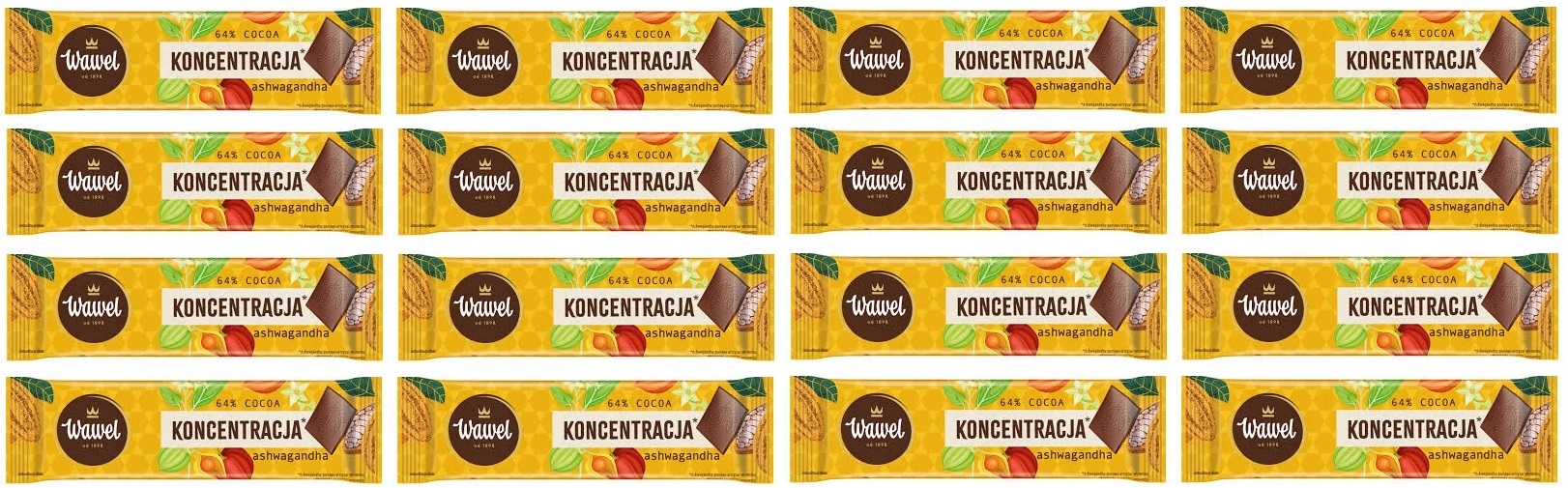 Levně 16 x 20 g Wawel Mini čokoláda Koncentrace Hořká 64% ashwagandha Půlka Kartonu