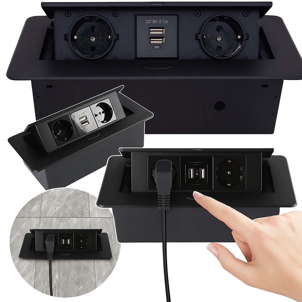 Gniazdo Meblowe Chowane Wpuszczane w Blat 2x230V Usb czarne 1,5 m Czarne