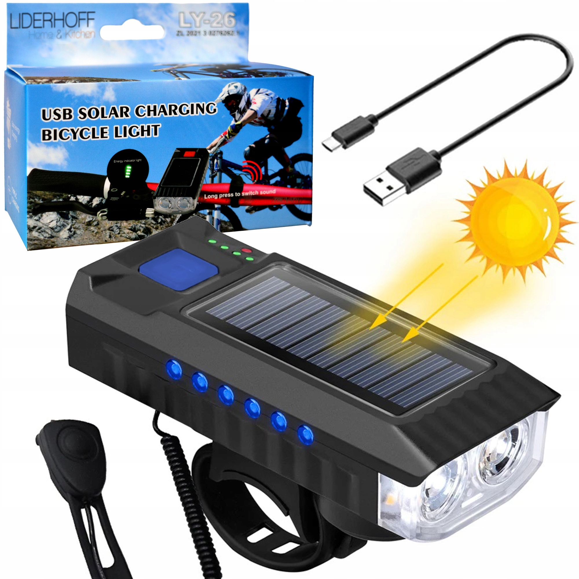 Lampka Rowerowa Led 2xCREE Latarka Na Przód Solarna Akumulatorowa Dzwonek