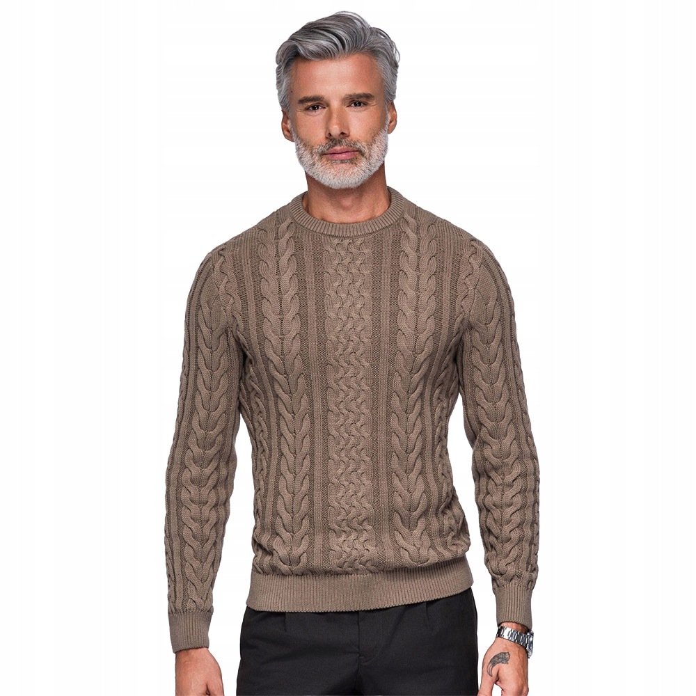 Pánský elegantní svetr s copánkovou vazbou, hnědý OM-SWSW-0191 vel XXL