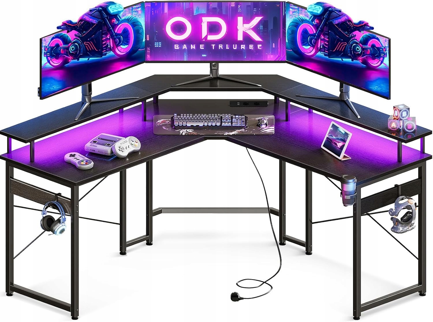 Biurko Gamingowe Led 129X129CM Gniazdka Usb Czarne