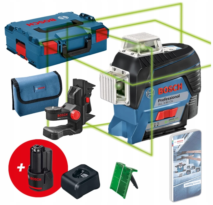 Laser Bosch Gll 3-80 Cg Zielony Zestaw Aku 2x2,0Ah Walizka L-Boxx Bm 1