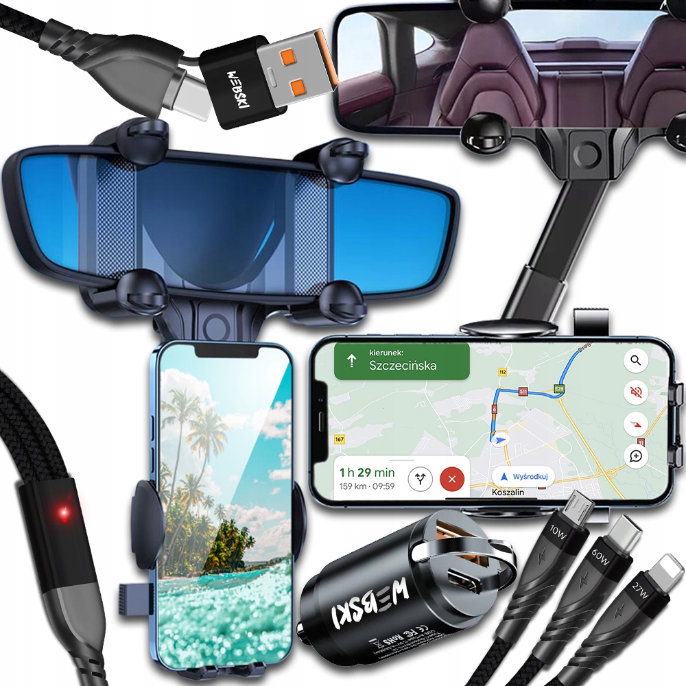 Uchwyt Samochodowy na Telefon Lusterko Ładowarka+kabel 6W1 Usb Lightning C