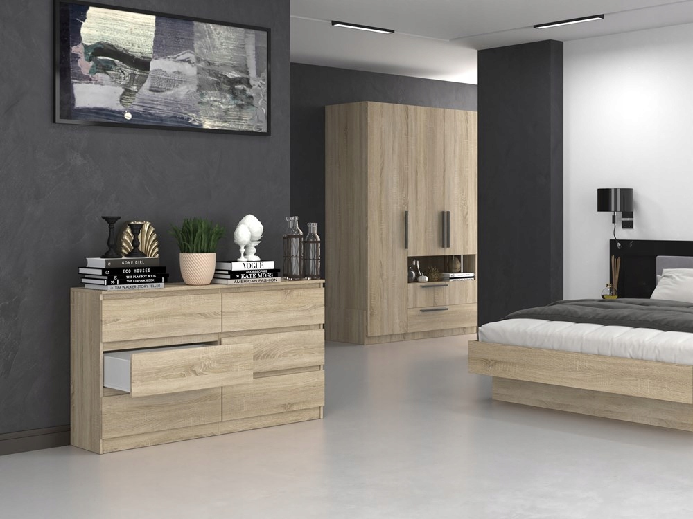 KOMODA NOWOCZESNA 140 cm POJEMNA SZAFKA REGAŁ SZUFLADY MEBLE DĄB SONOMA Głębokość mebla 40 cm