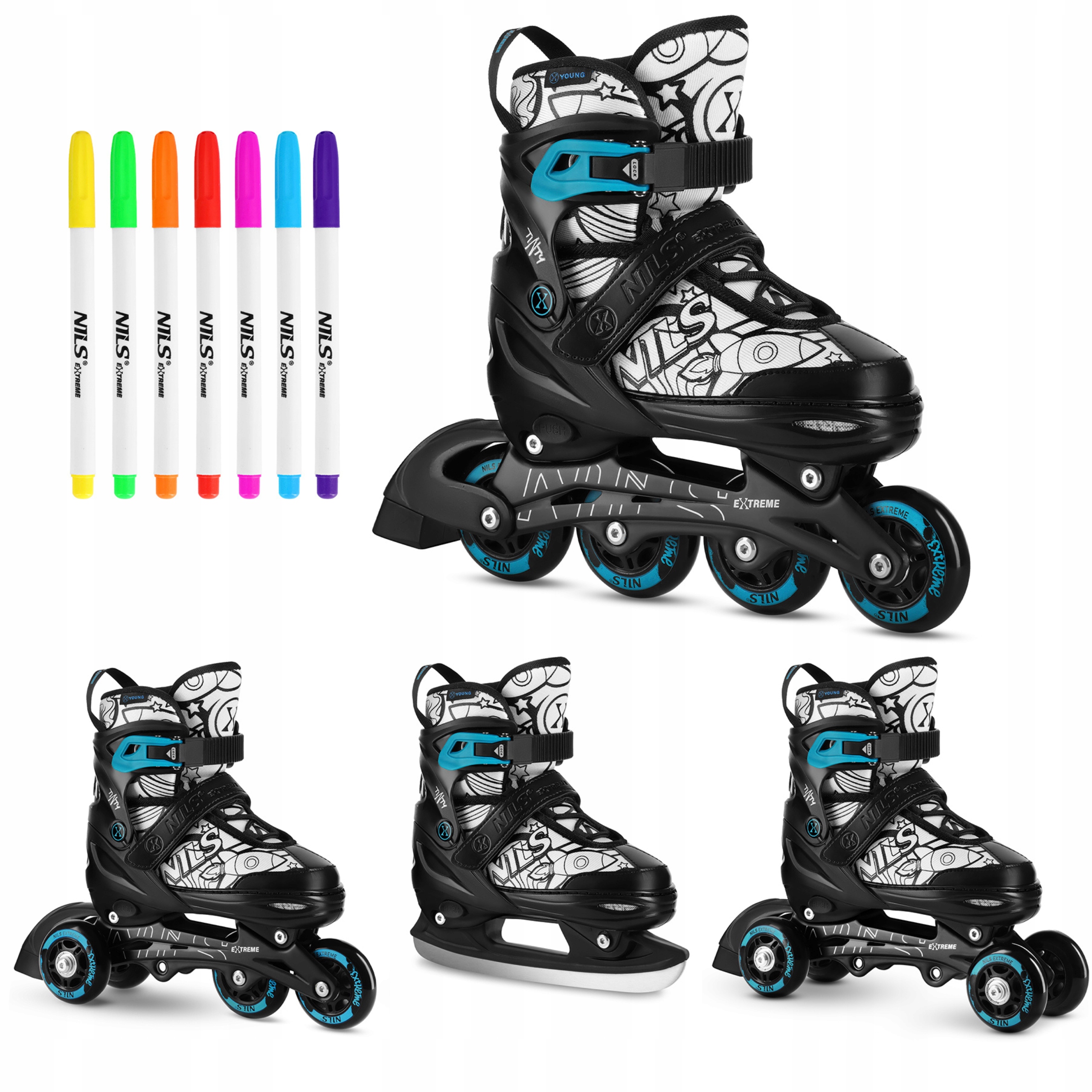 Kolečkové Brusle 4v1 35-38 zelené brusle na led kolečkové brusle omalovánky fixy Nils Extreme