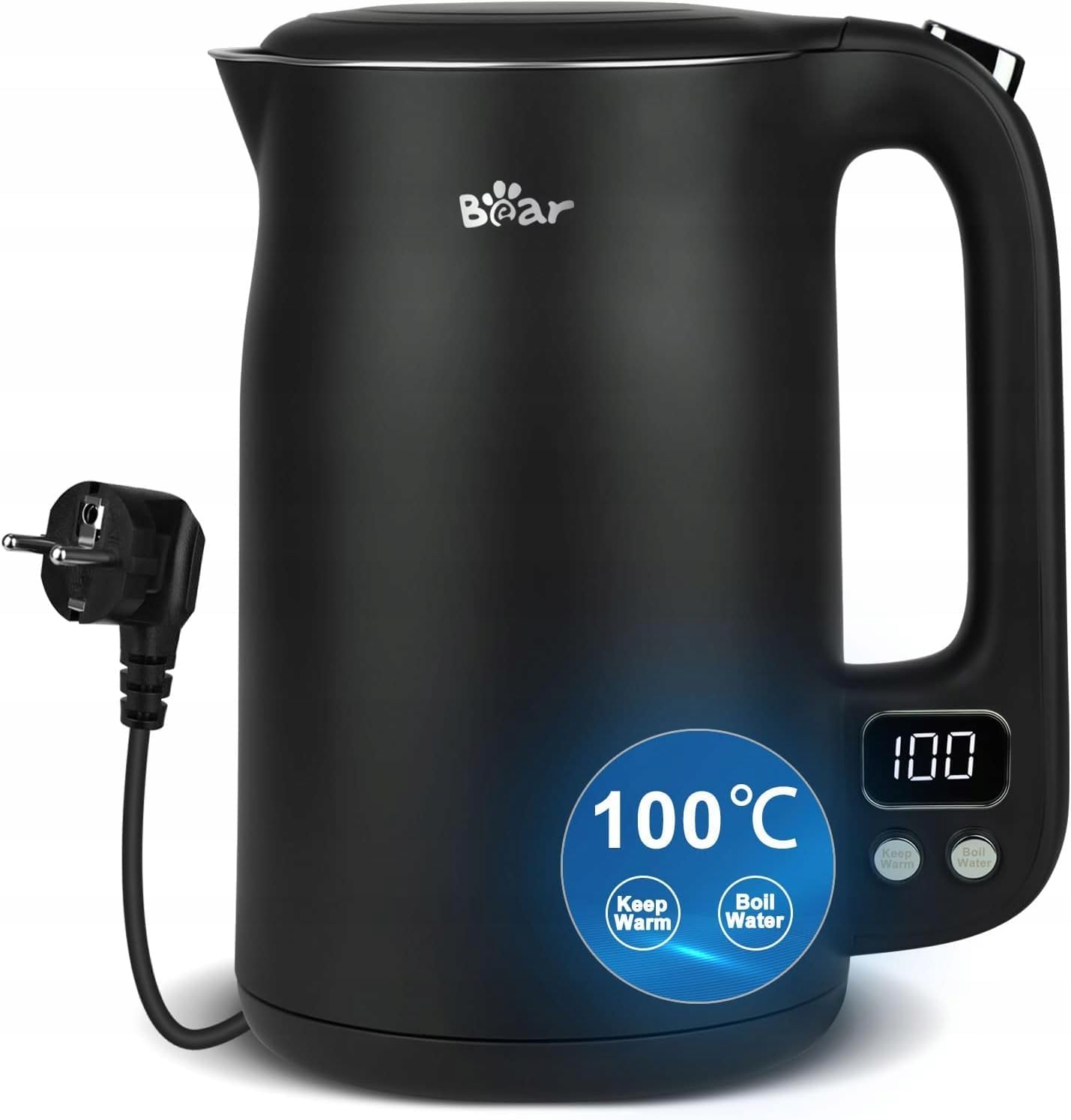 Bear Elektrická varná konvice 1.7L 1800W Nerezová Ocel LCD Teploty