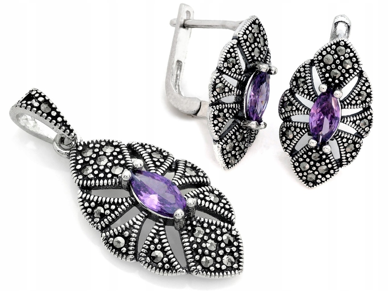 Stříbrný komplet 925 s markýzami a fialovým zirkonem jako dárek