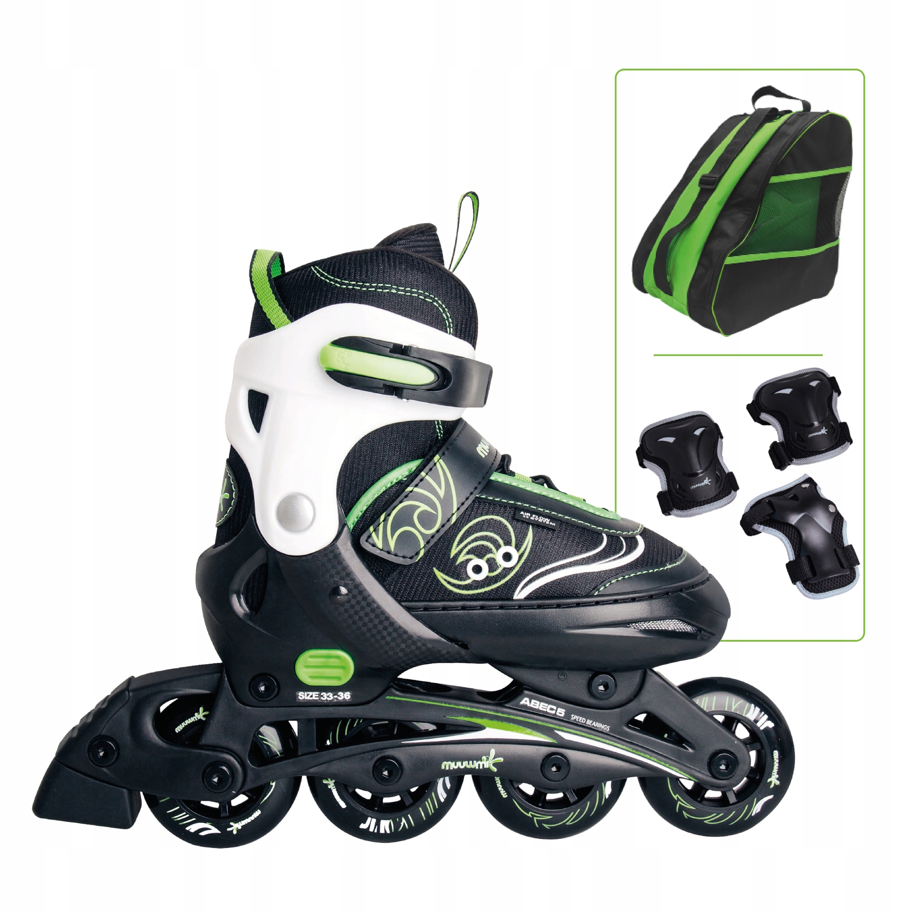 Muuwmi Set nastav. dětské inline brusle, zelené vel. 33-36, chrániče,taška