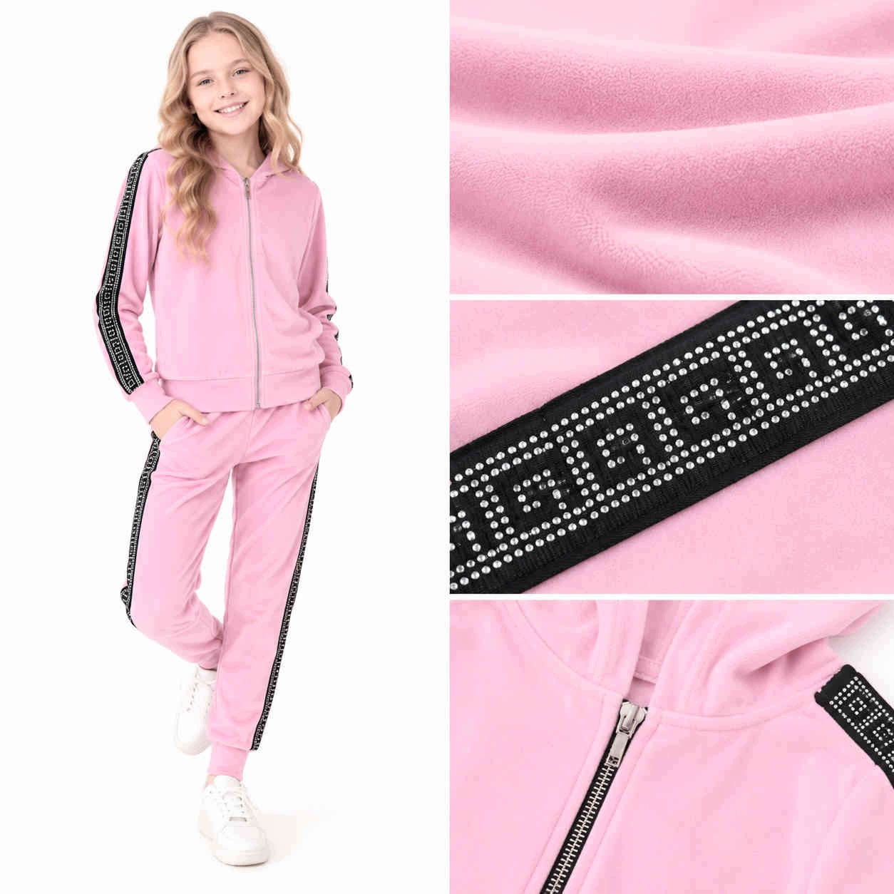 Dziewczęcy Dres Welurowy z taśmami Komplet bluza na zamek i spodnie 128