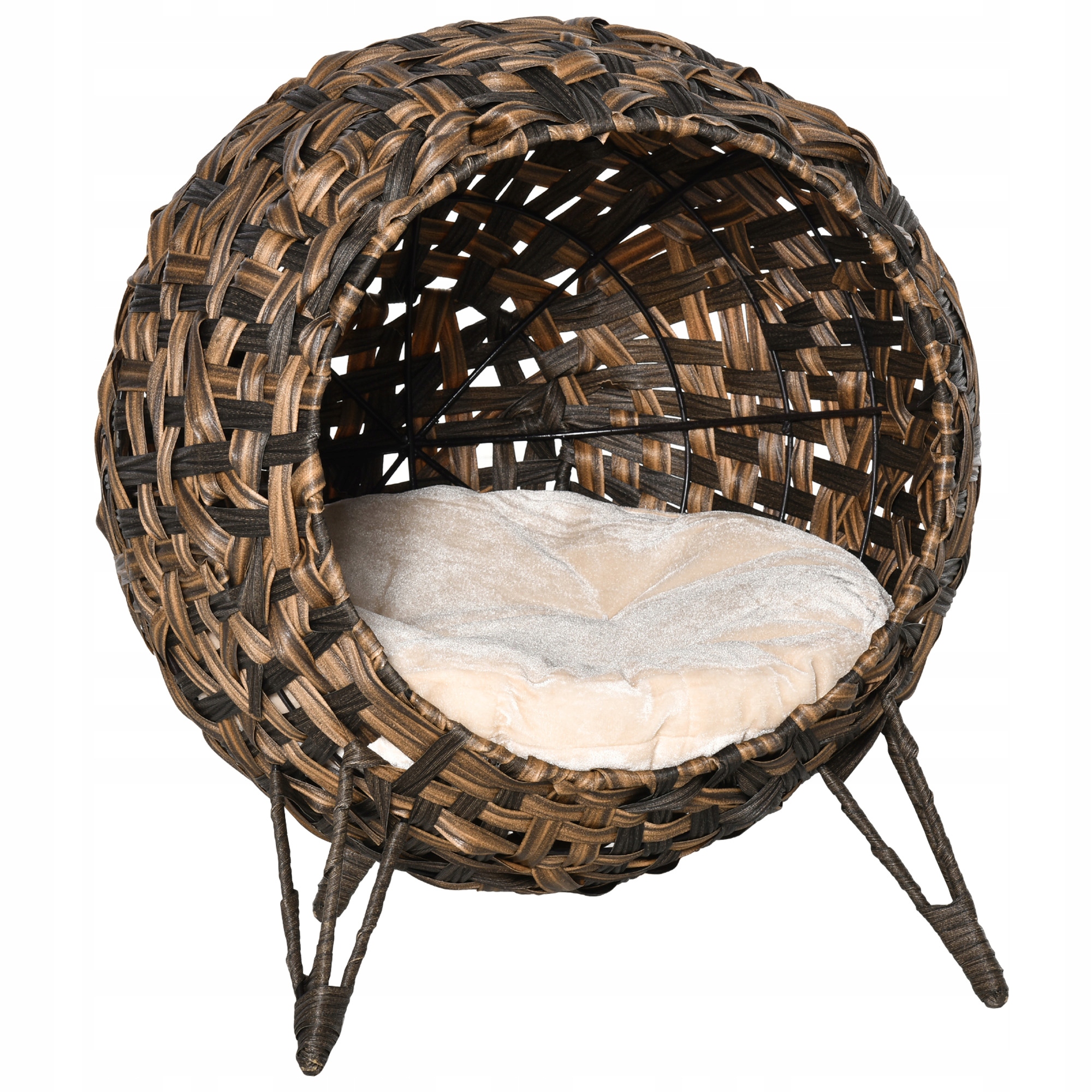 Ratanová kočka PawHut hnědá Ø52 x H58 cm s polštářem