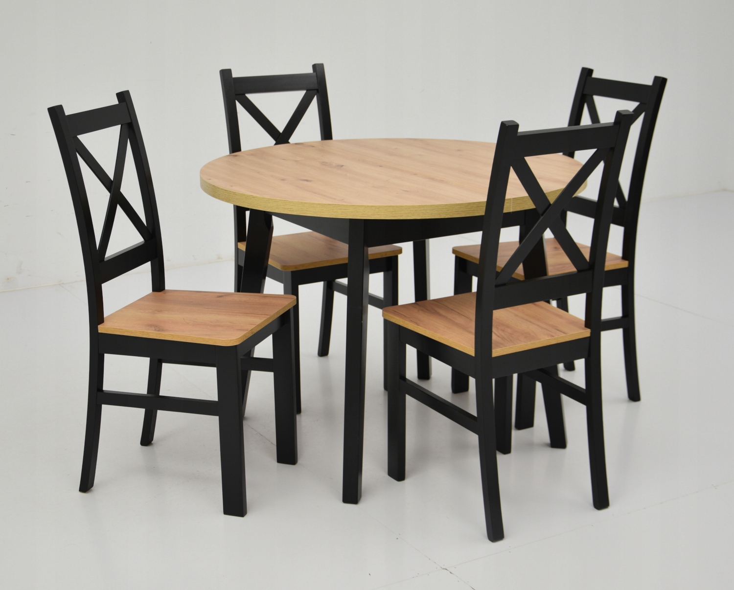 Komplet kuchenny stół okrągły i 4 krzesła z drewna Szerokość siedziska 42 cm