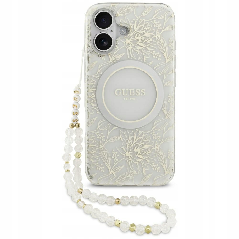 Pouzdro Guess IML Flowers Electro Pearl MagSafe pro iPhone 17, bílé