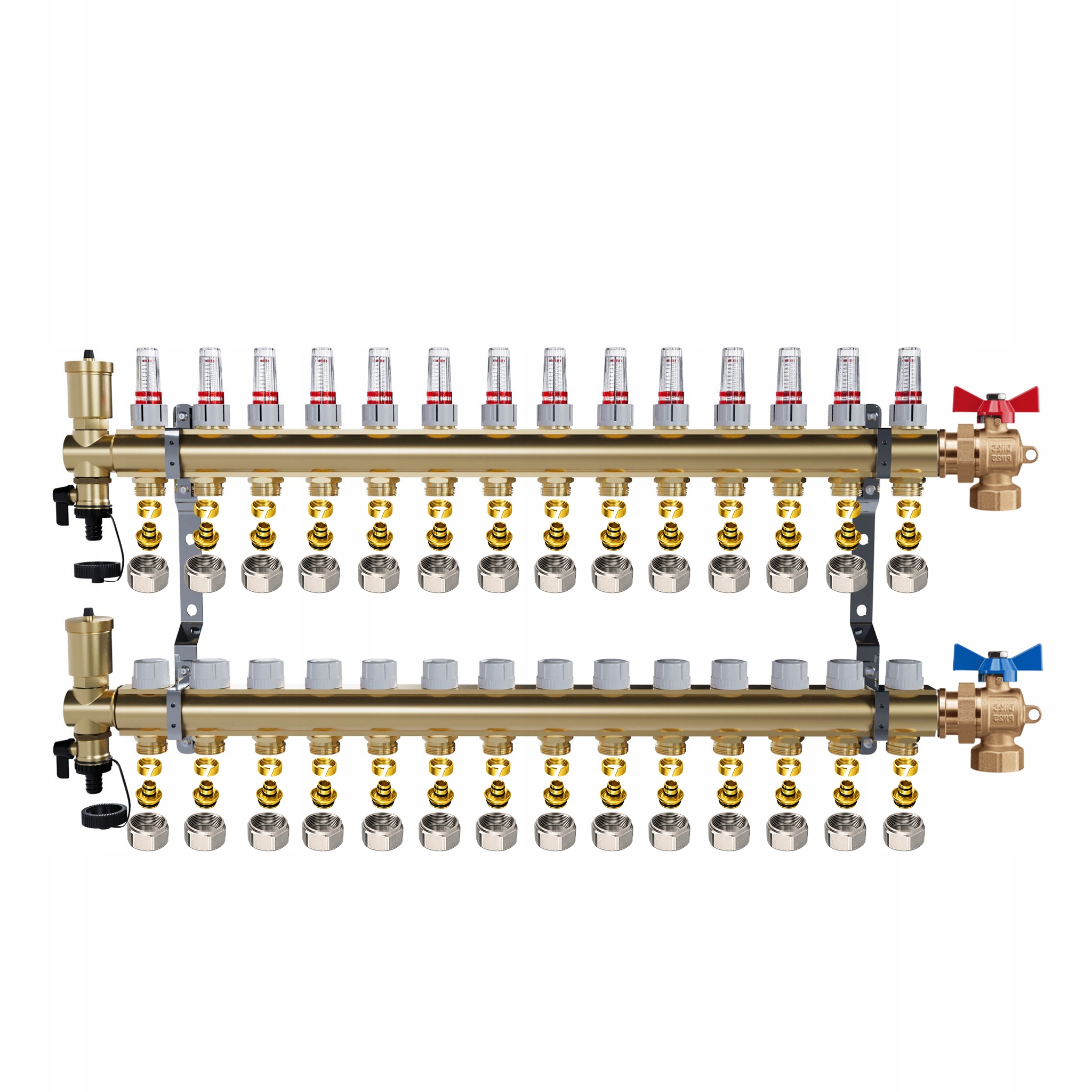 Mosazný rozdělovač 14 okruhů Topení Podlahové kulové ventily Pex