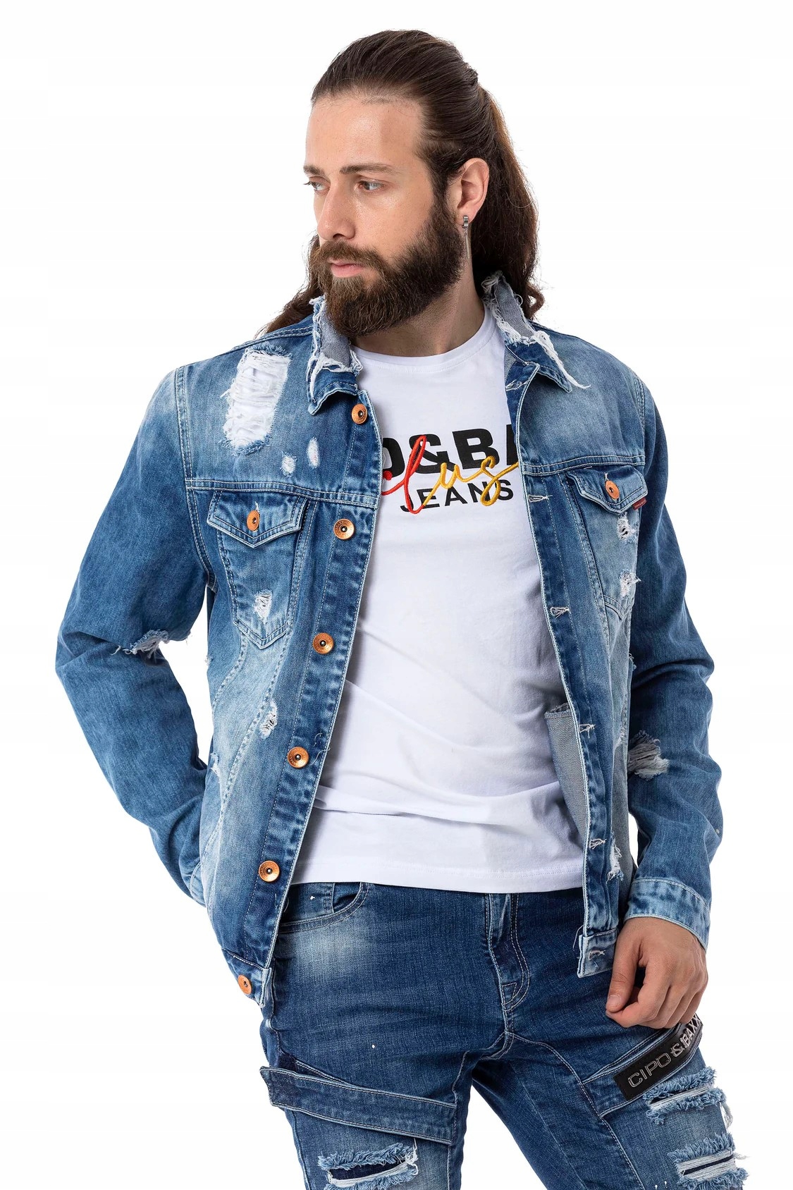 Pánská Bunda Katana Cipo Baxx Světlý Jeans Díry Oděrky Kapsy: XL