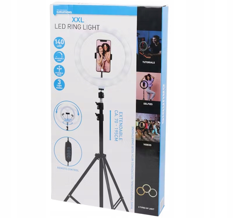 DUŻA LAMPA PIERSCIENIOWA do FILMÓW SELFIE ze STATYWEM 120LED 195cm GRUNDIG Model 041672