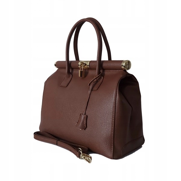 Velká Dámská Taška Kufr Přírodní Kůže Zlaté Kování Visací Zámek Hnědá