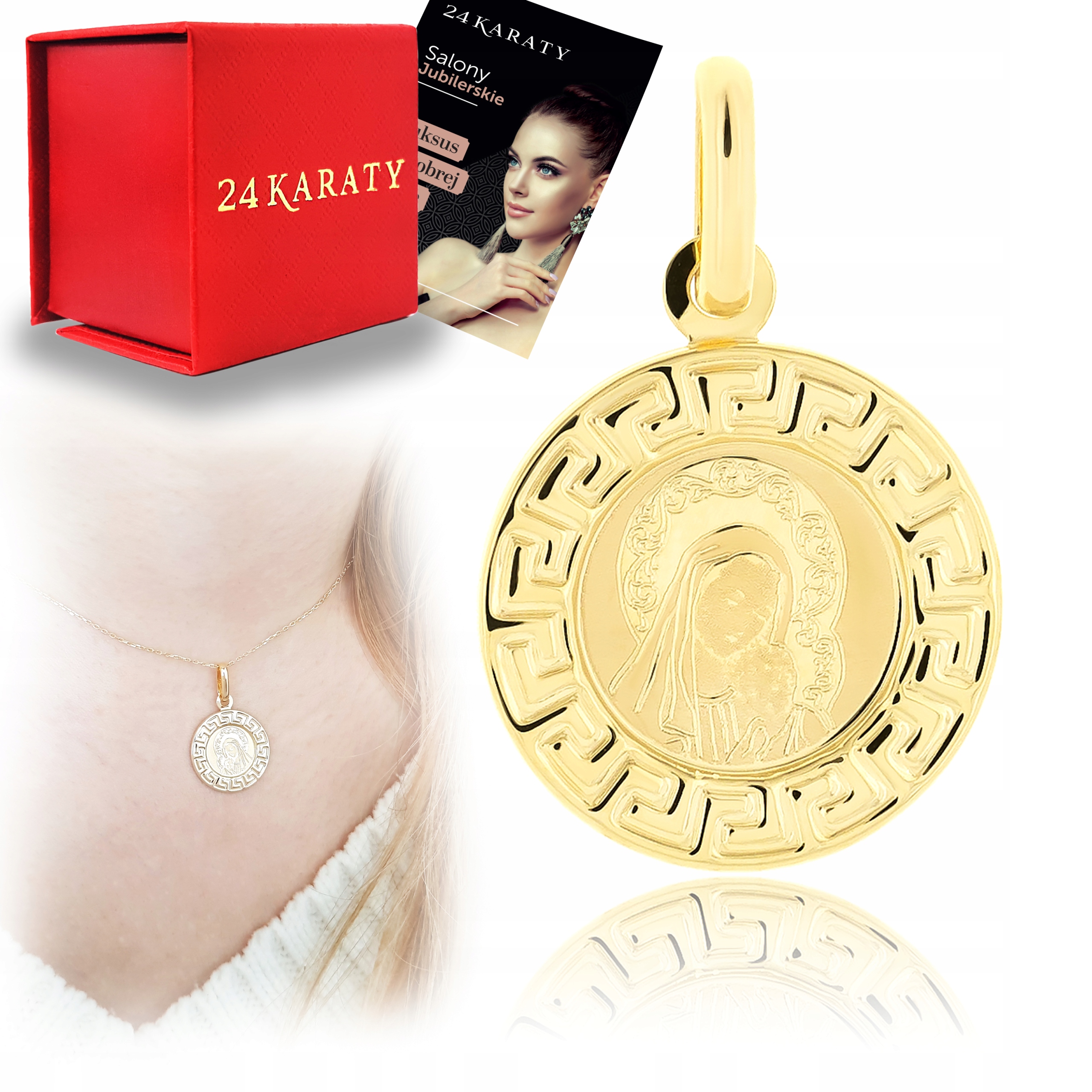ZŁOTA ZAWIESZKA DO ŁAŃCUSZKA OKRĄGŁY MEDALIK Z MATKĄ BOSKĄ PR. 585