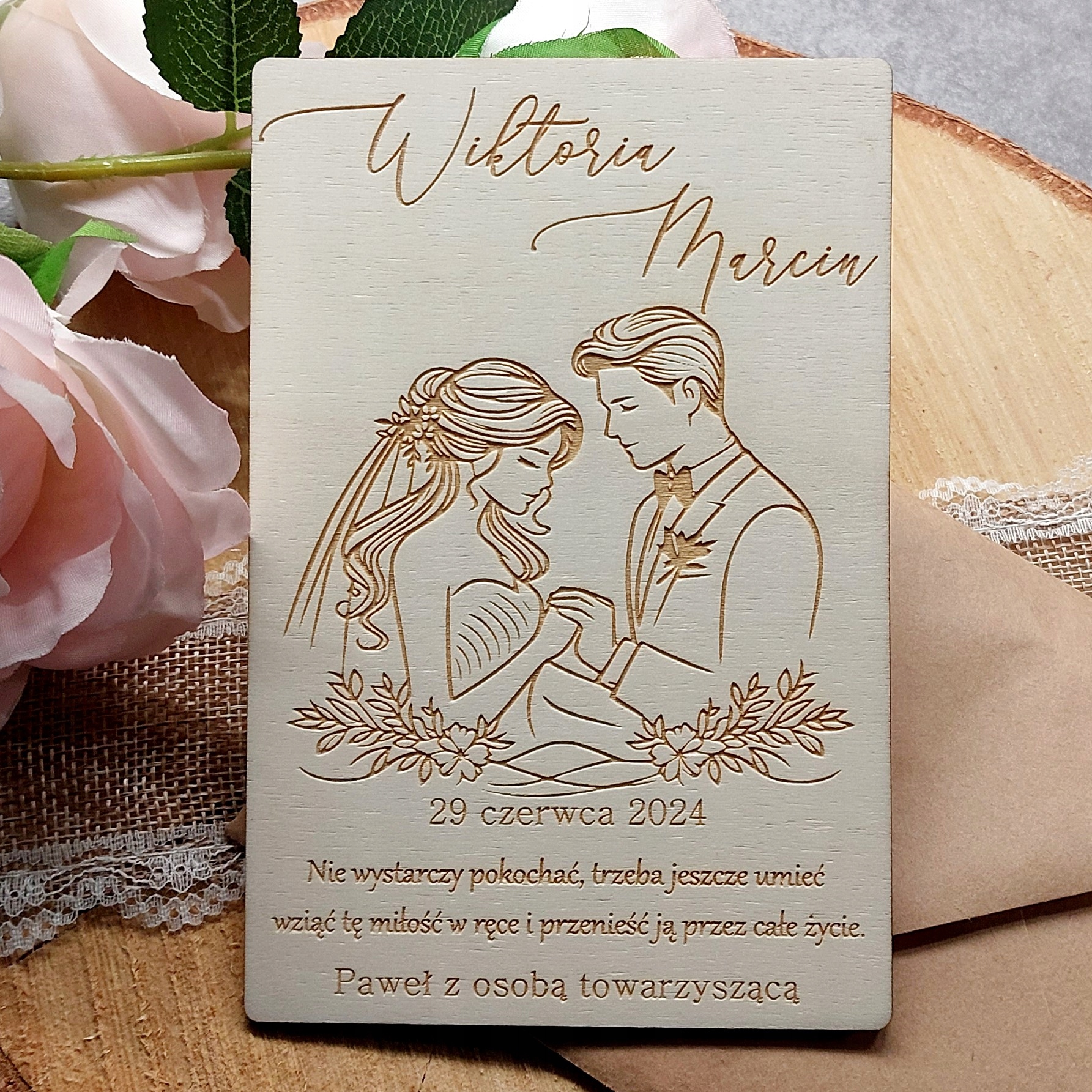 PAMIĄTKA ŚLUBNA DREWNIANA KARTKA PREZENT NA ŚLUB WESELE DLA PARY MŁODEJ Marka inny