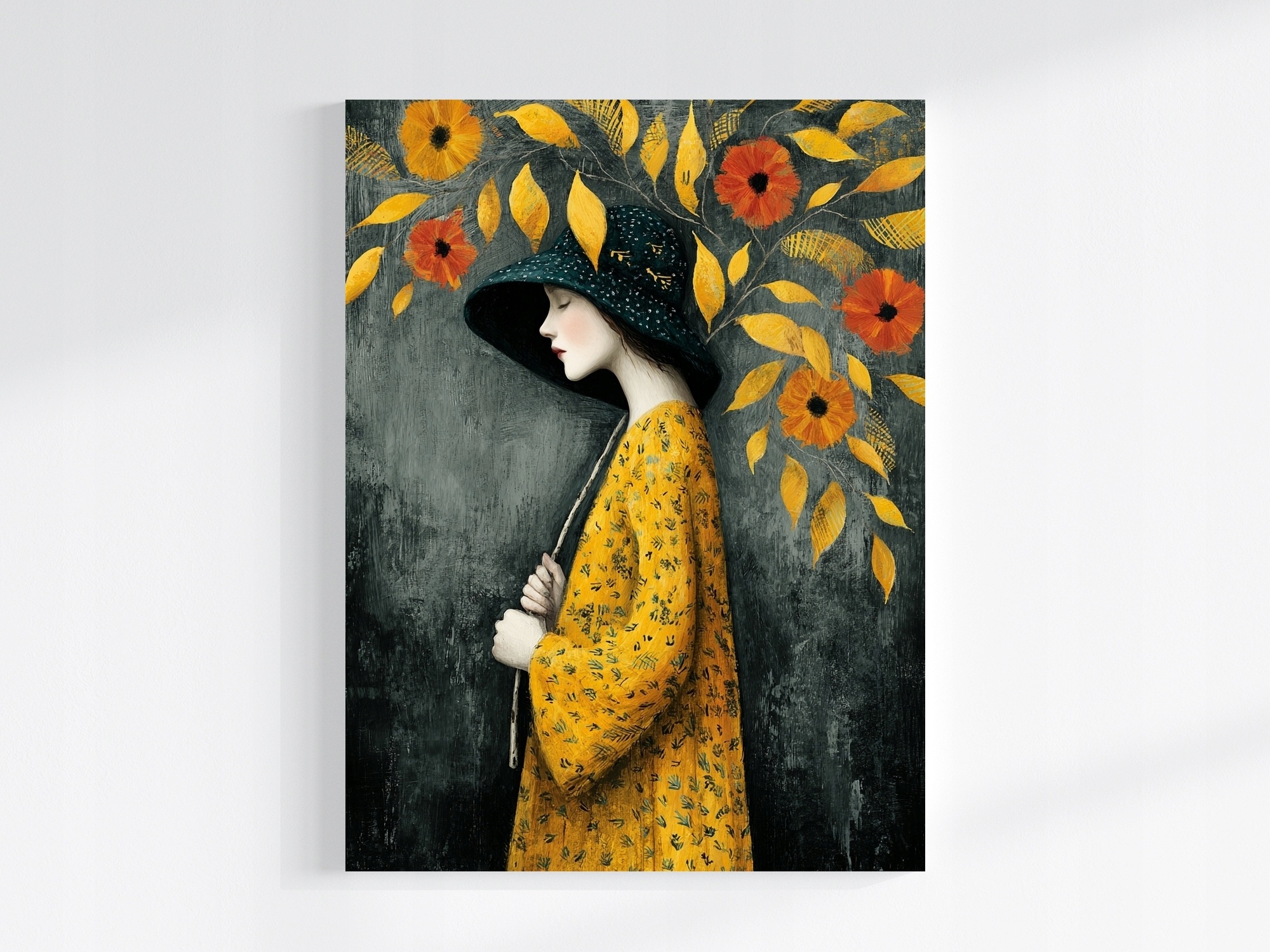 Obraz Na Plátně Canvas Grafika Portrét Žena Podzim Květiny Listy 75x100
