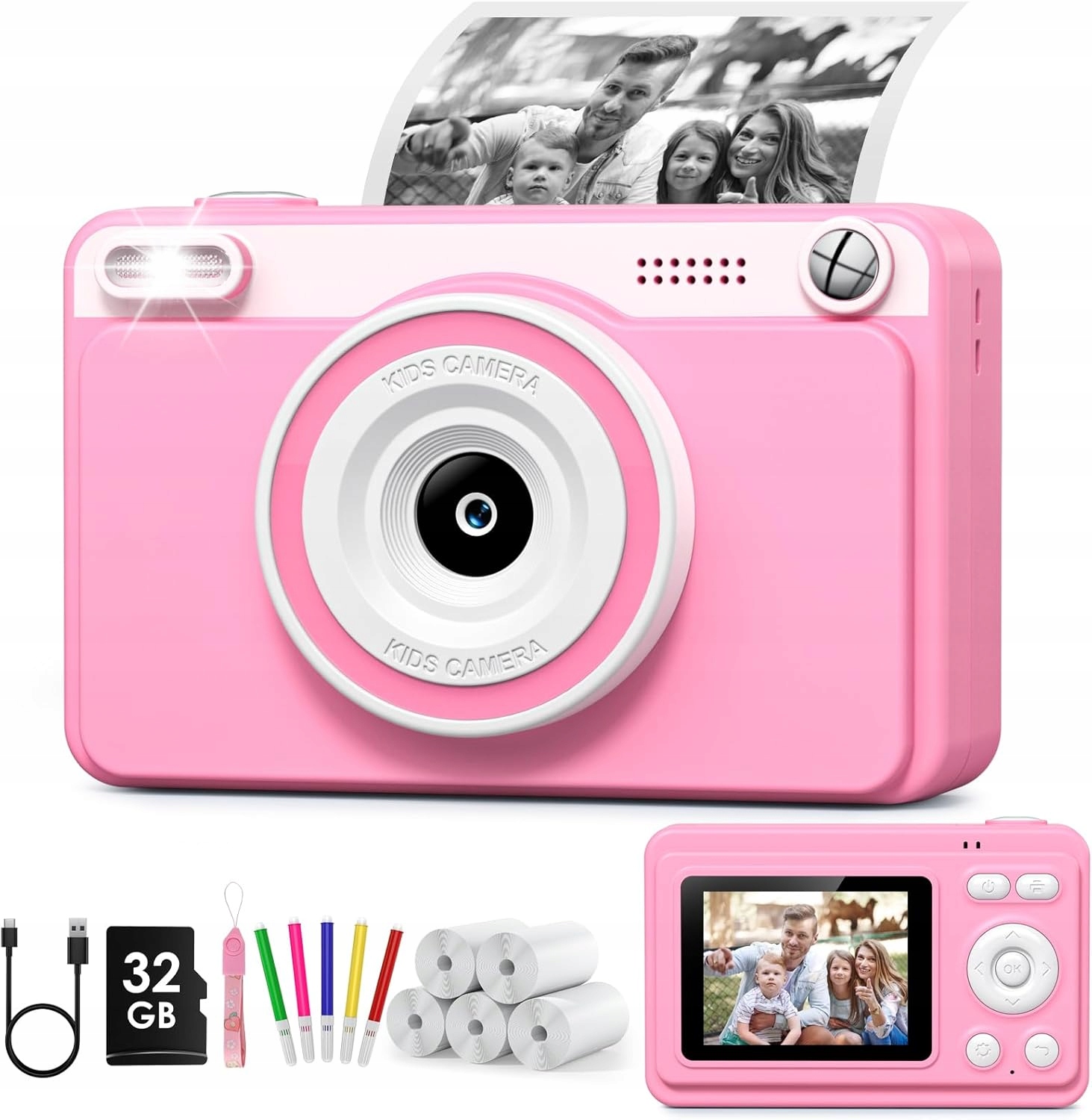 Greenkinder Instantní digitální fotoaparát Hd tiskárna 32GB Sd růžová