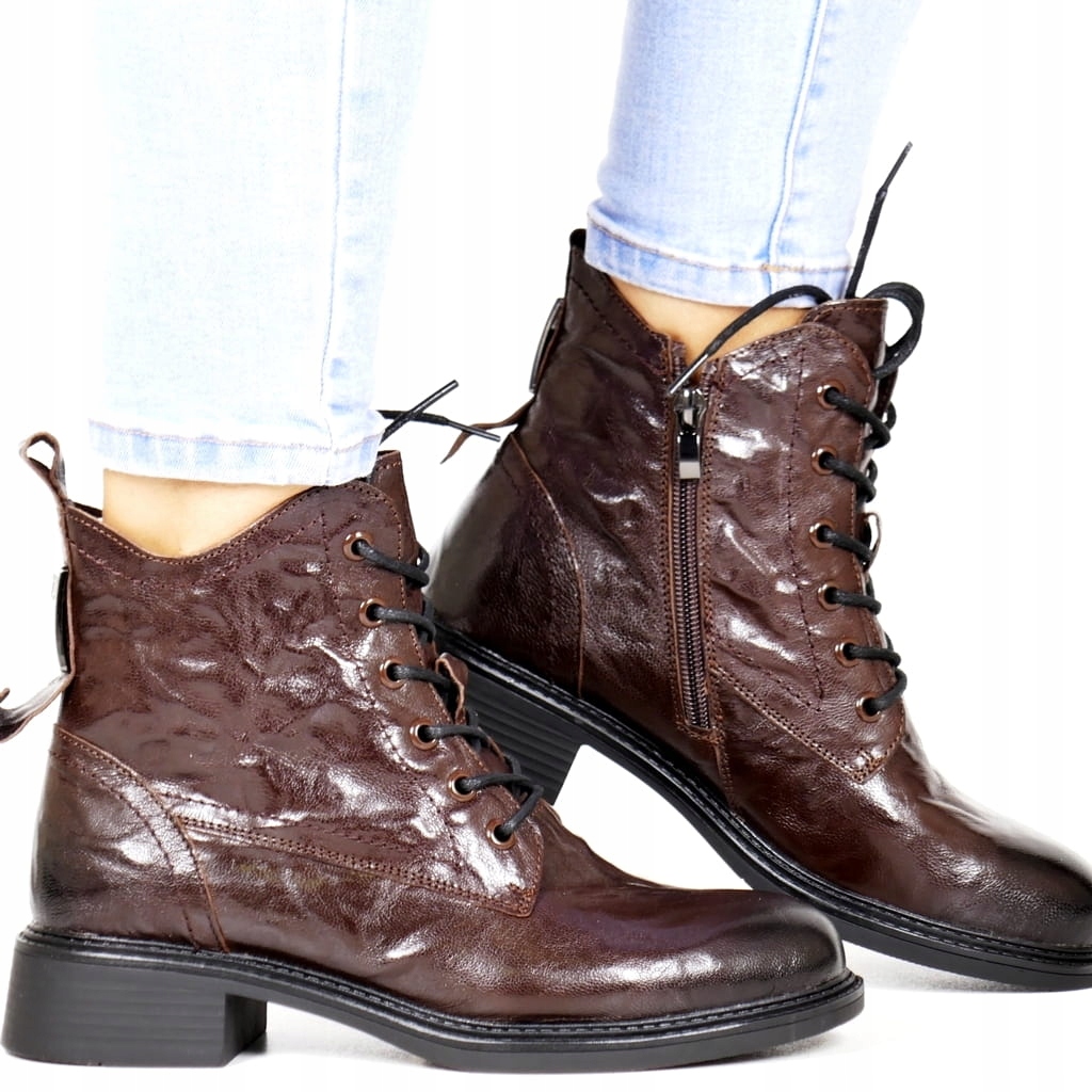 Hnědé Kožené Boty Na Ploché Podrážce Kotníkové Boty Teplé Zmačkané Nové