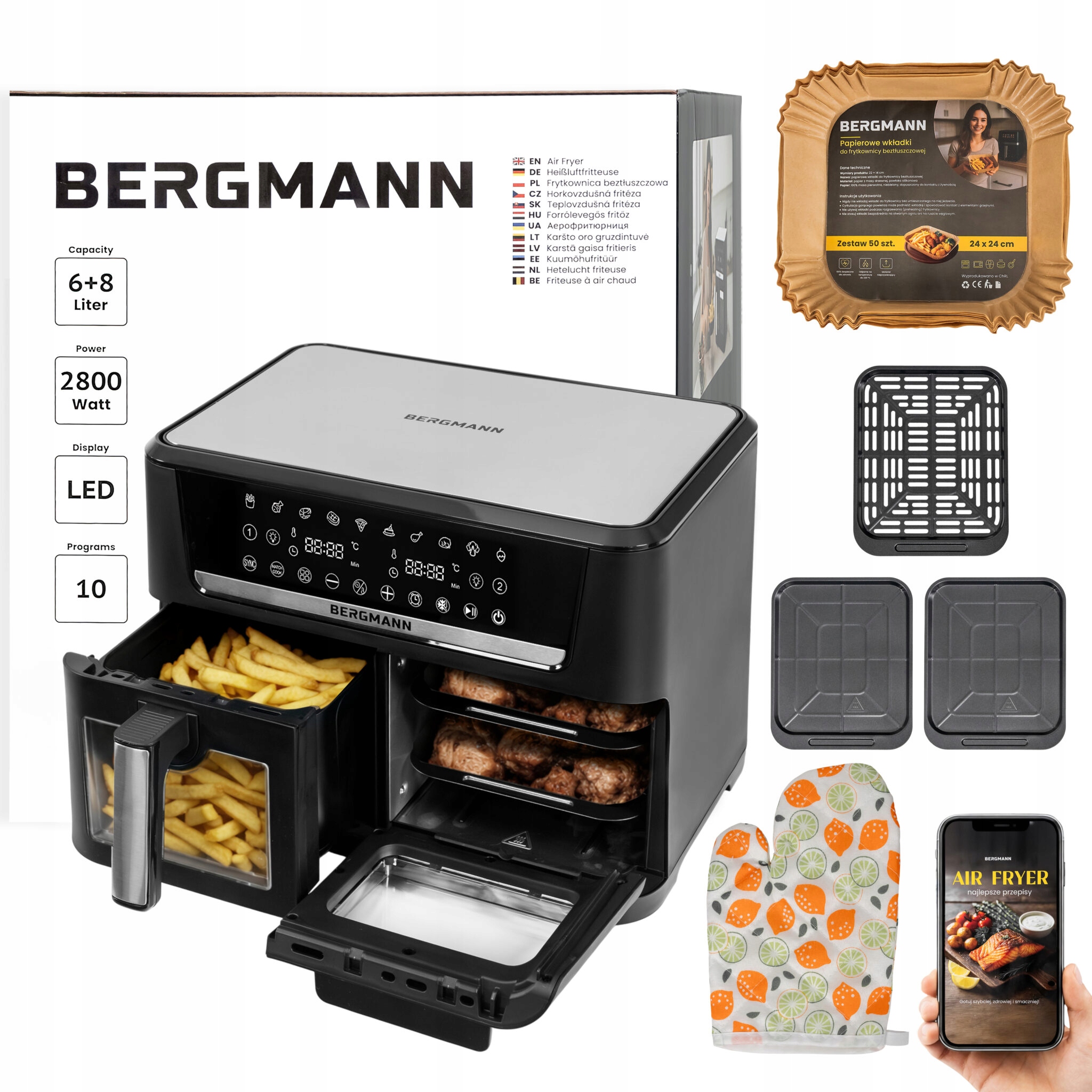 Frytkownica Beztłuszczowa Dwukomorowa 14L Air Fryer Bergmann 10 Programów