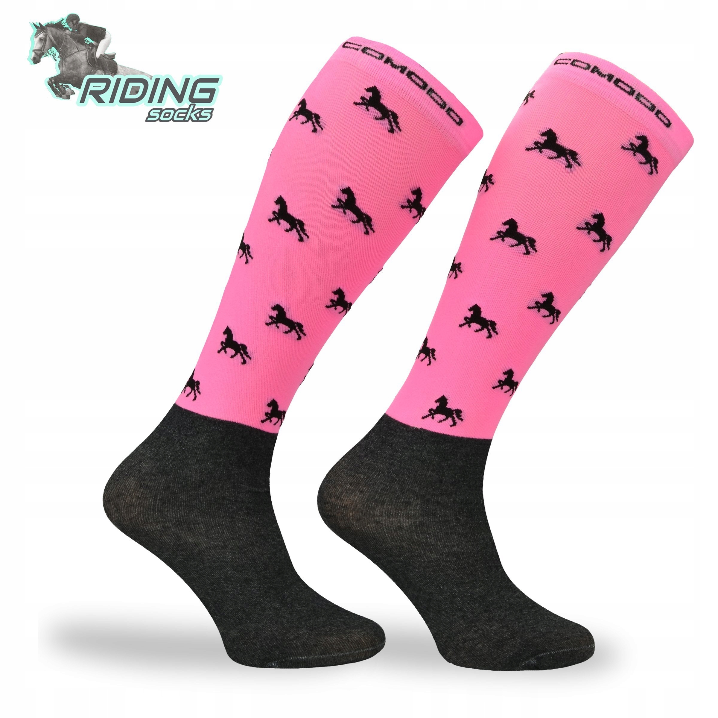 Długie skarpety do jazdy konnej – różowe w konie Marka Comodo