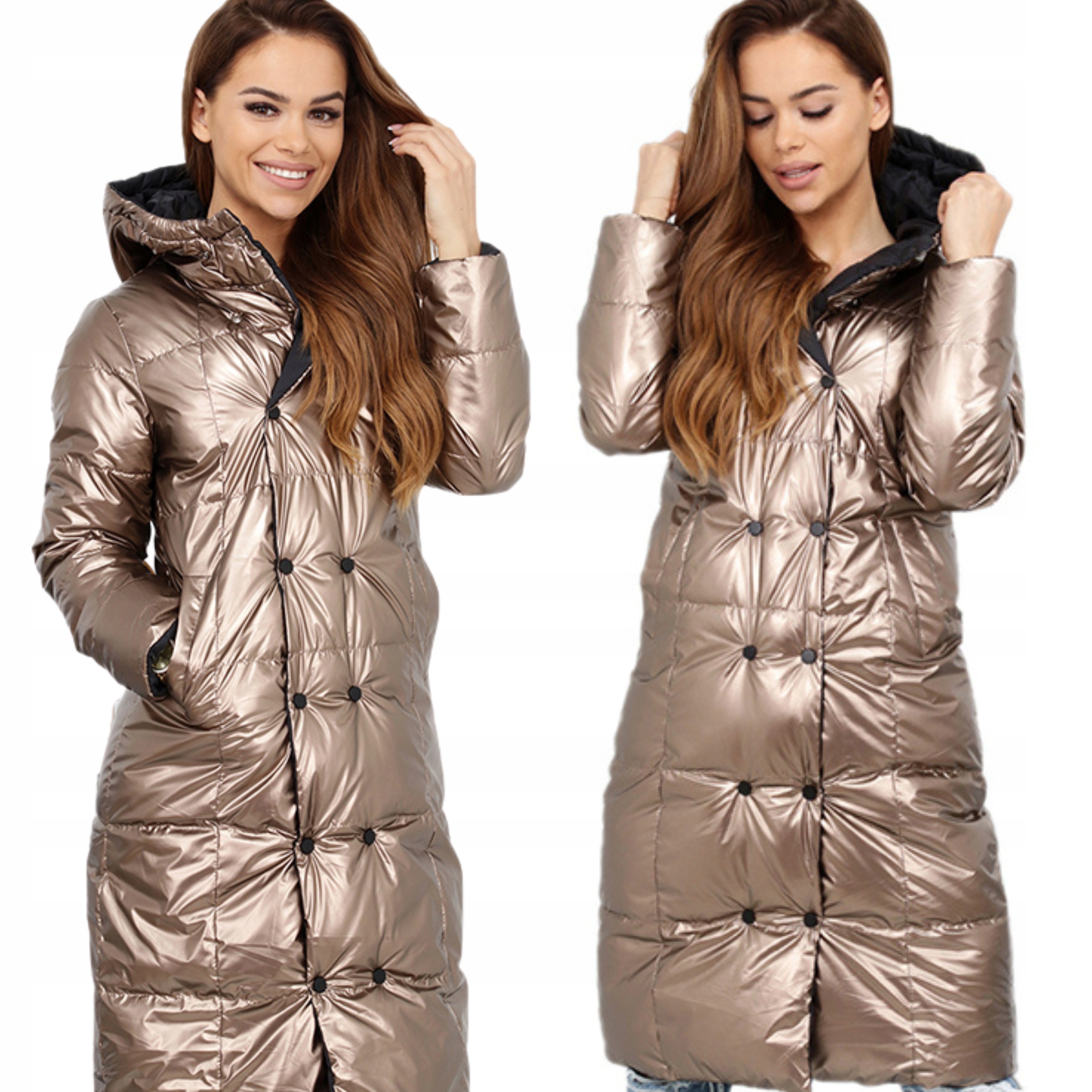 Kurtka Damska Pikowana Płaszcz Dwustronny Z Kapturem Złota 42 XL 2215