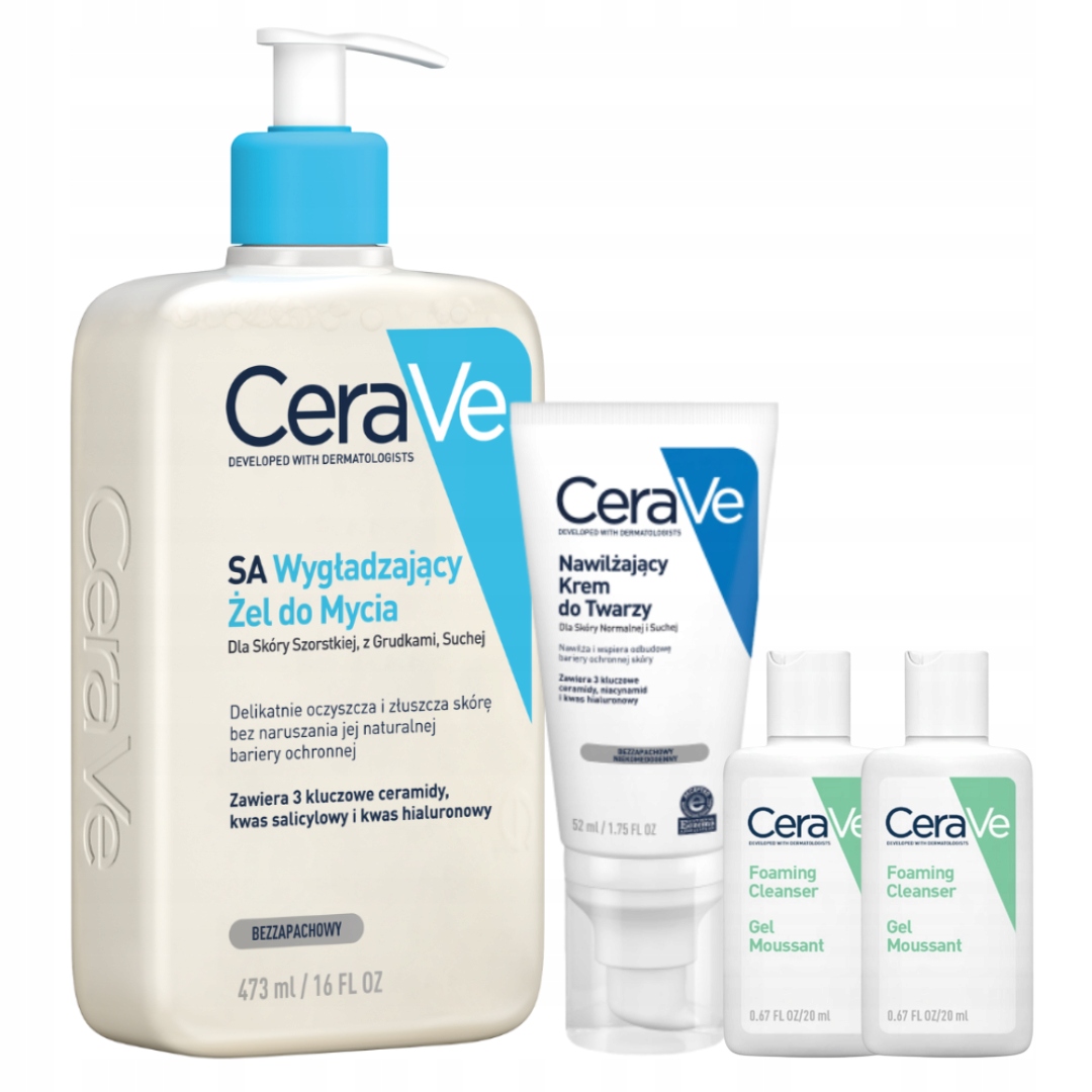 CeraVe Zestaw Nawilżający Krem do Twarzy 52ml, Żel Wygładzający 473ml