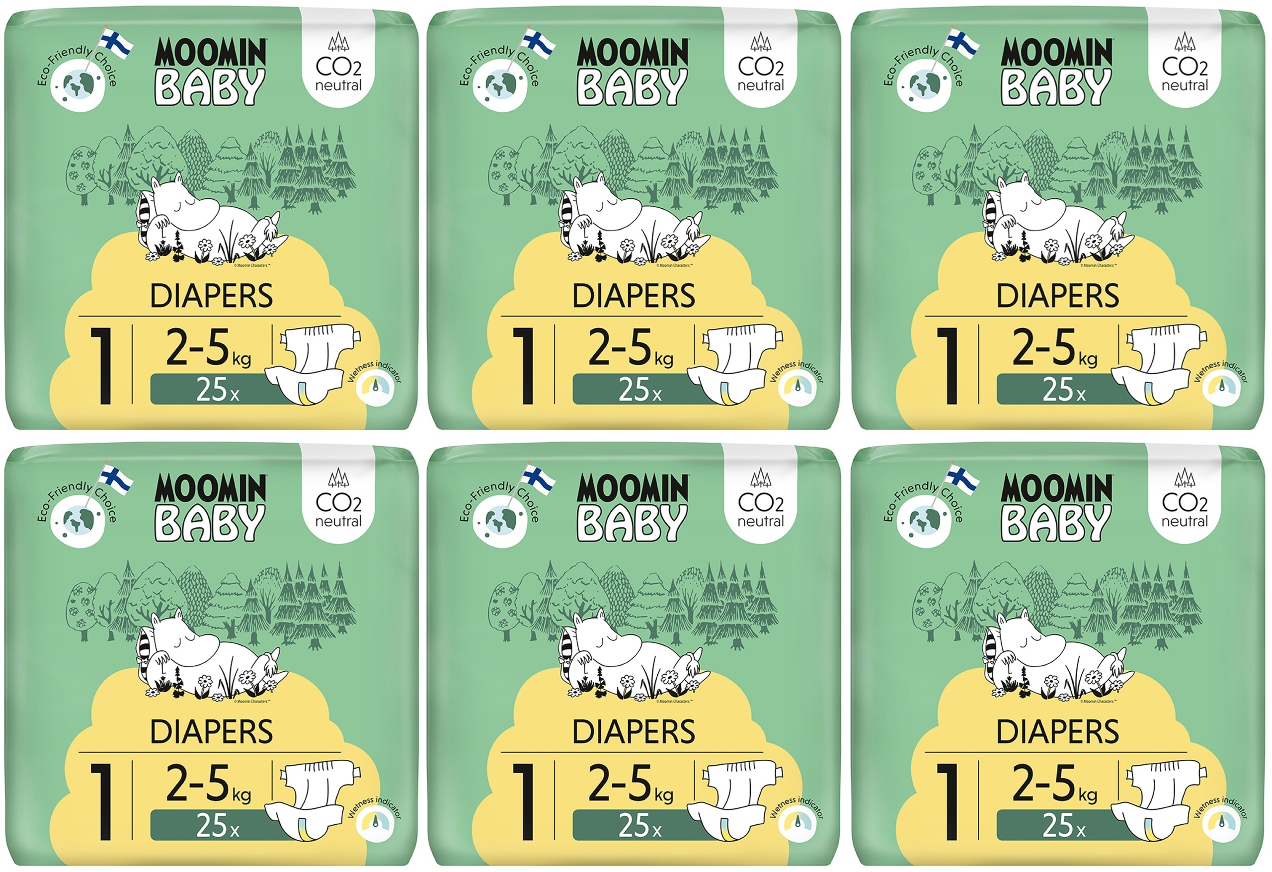 Moomin Baby 1 Newborn Eko Pieluszki Chłonne Pieluchy Muumi 2-5KG 25 Szt. x6