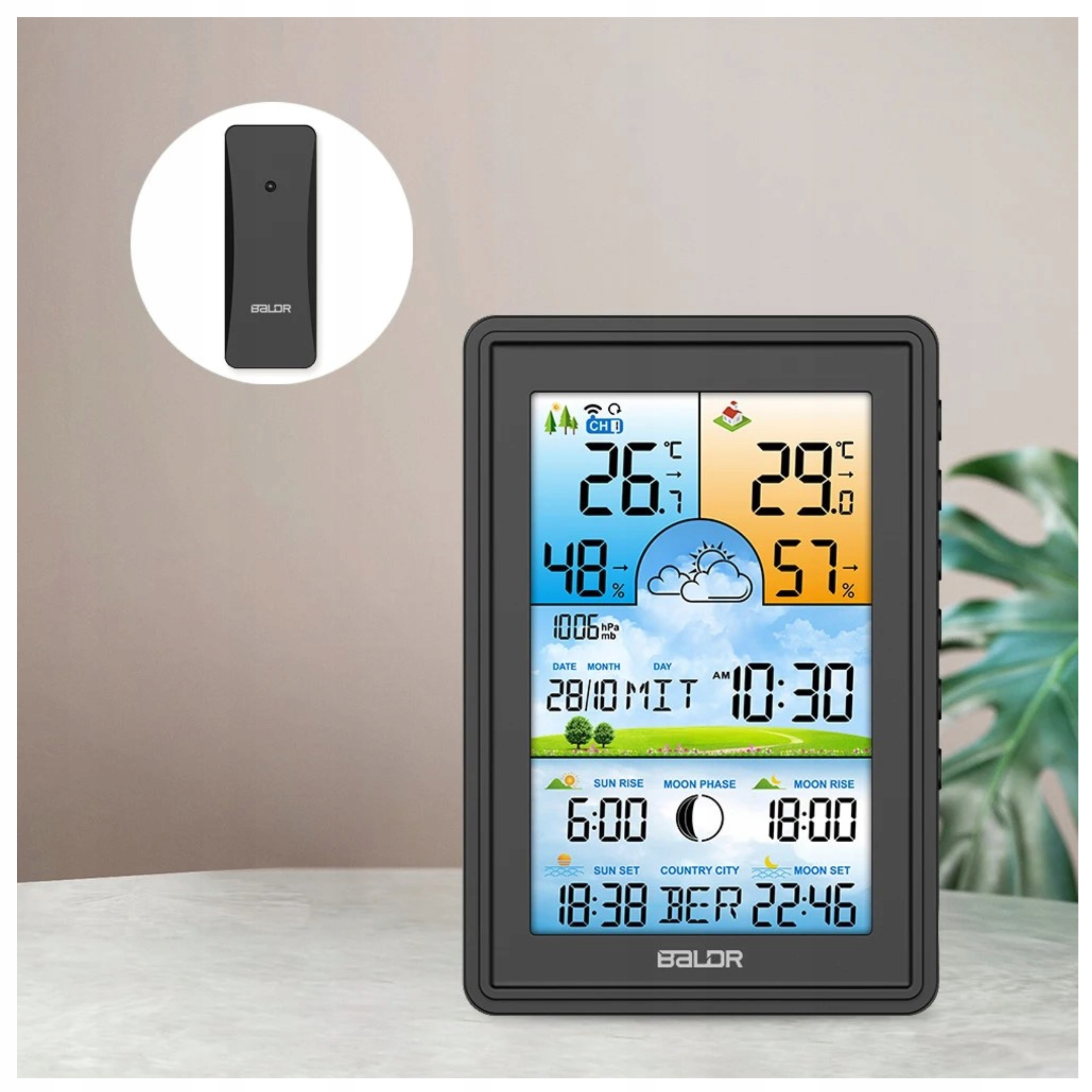 STACJA POGODY BEZPRZEWODOWA KOLOROWA BAROMETR ZEGAR PROGNOZA PUNKT ROSY Model G-805