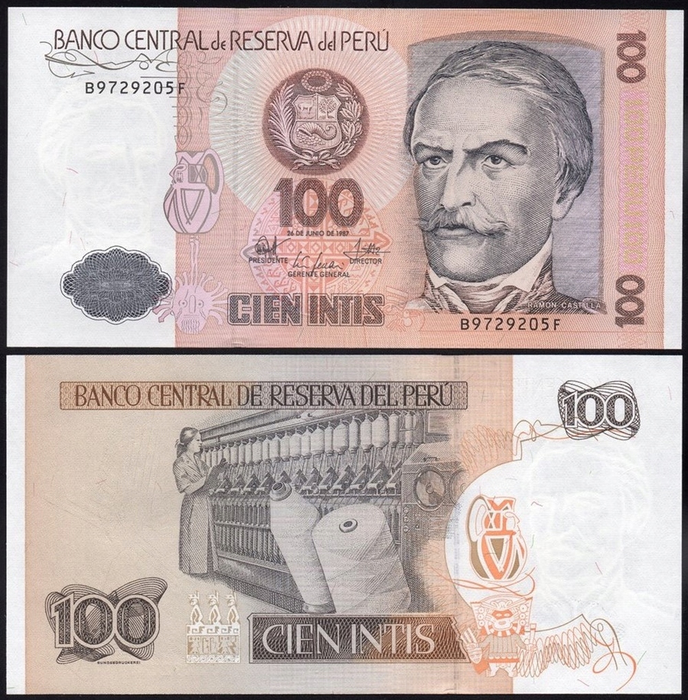 $ Peru 100 INTIS P-133 UNC 1987