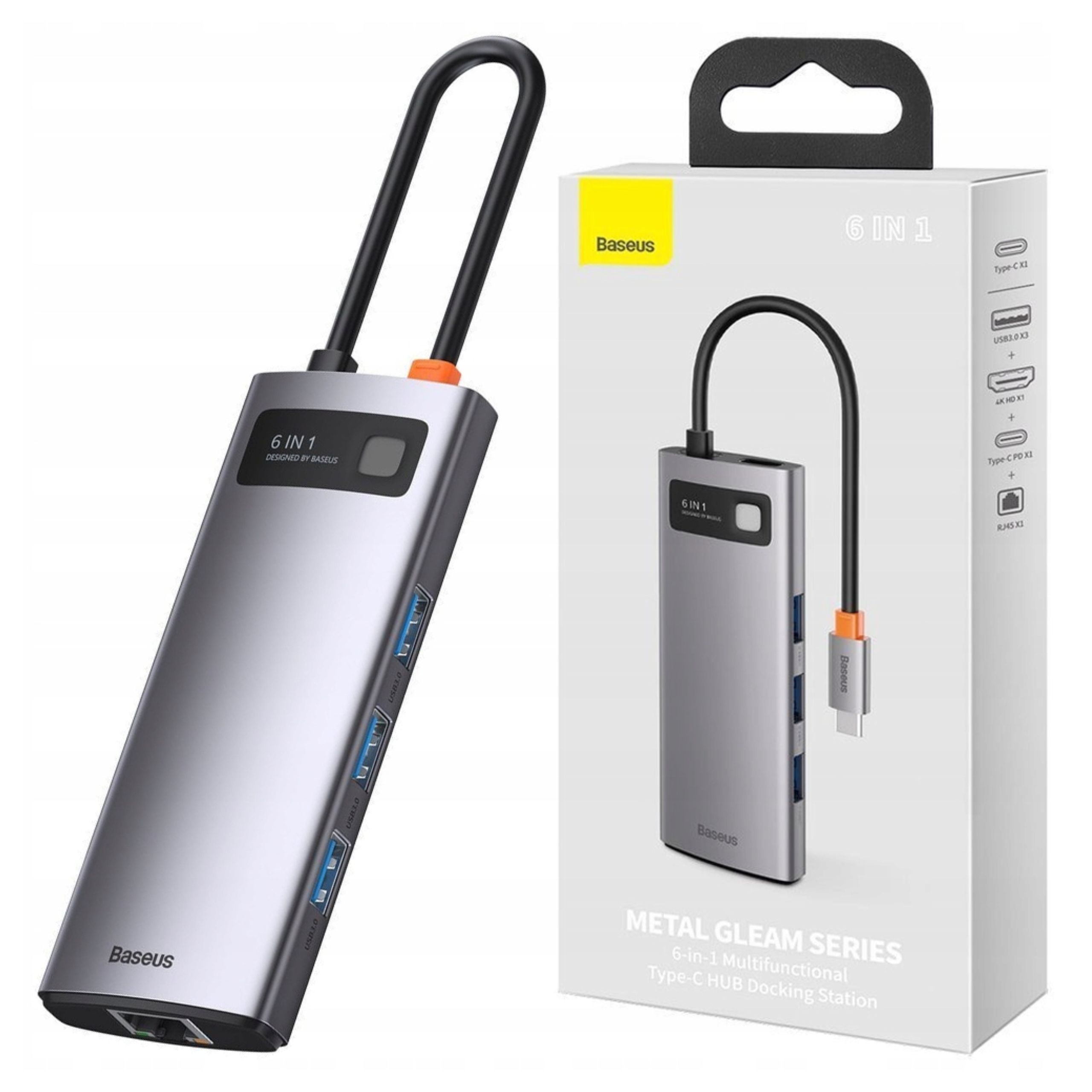 Rozbočovač Baseus Metal Gleam Series 6v1, Usb-c na 3x Usb 3.0 Hdmi Usb-c Pd