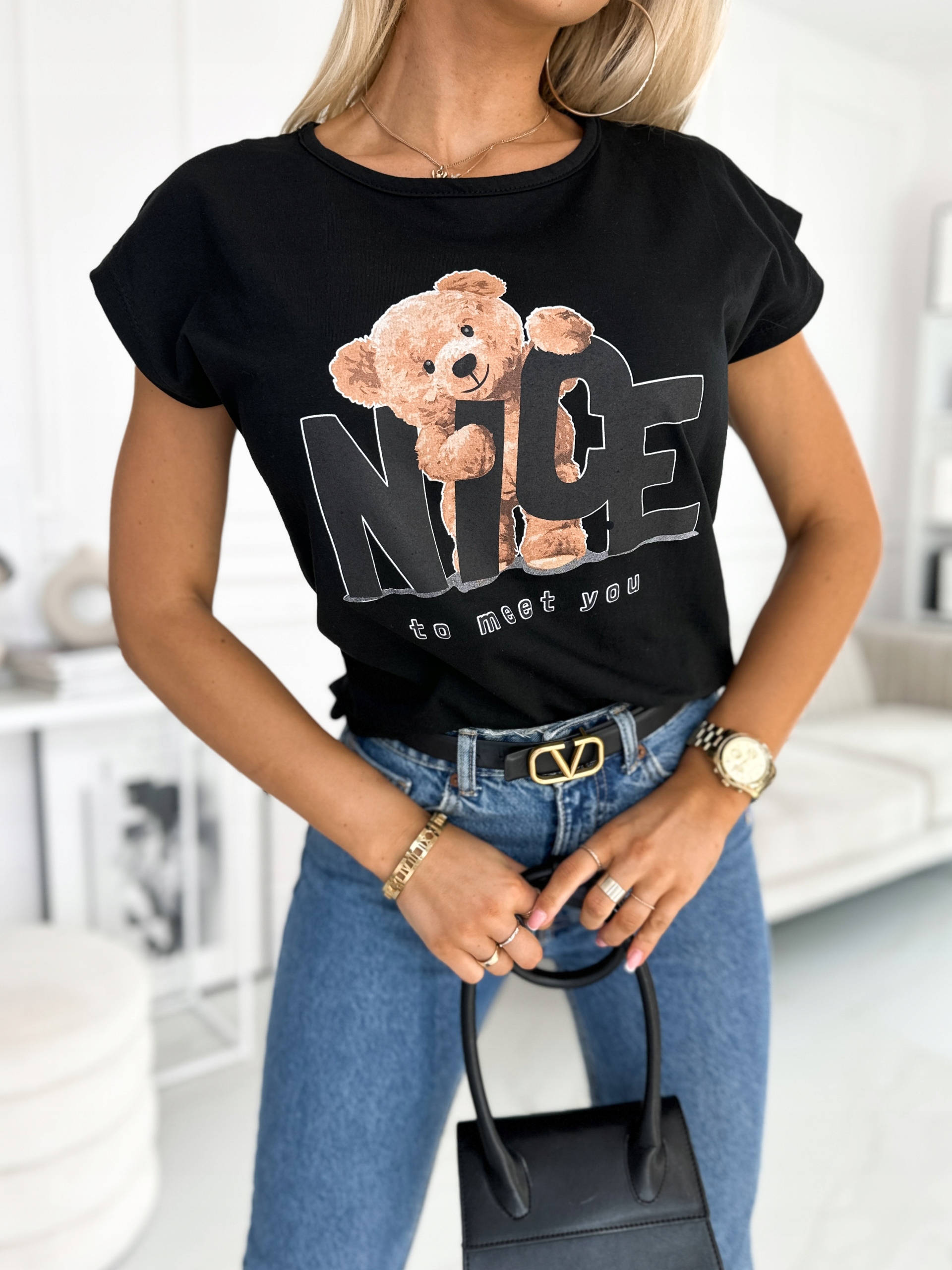 KOBIECA WYGODNA BLUZKA PRINT BAWEŁNA Różne Wzory Kolor czarny