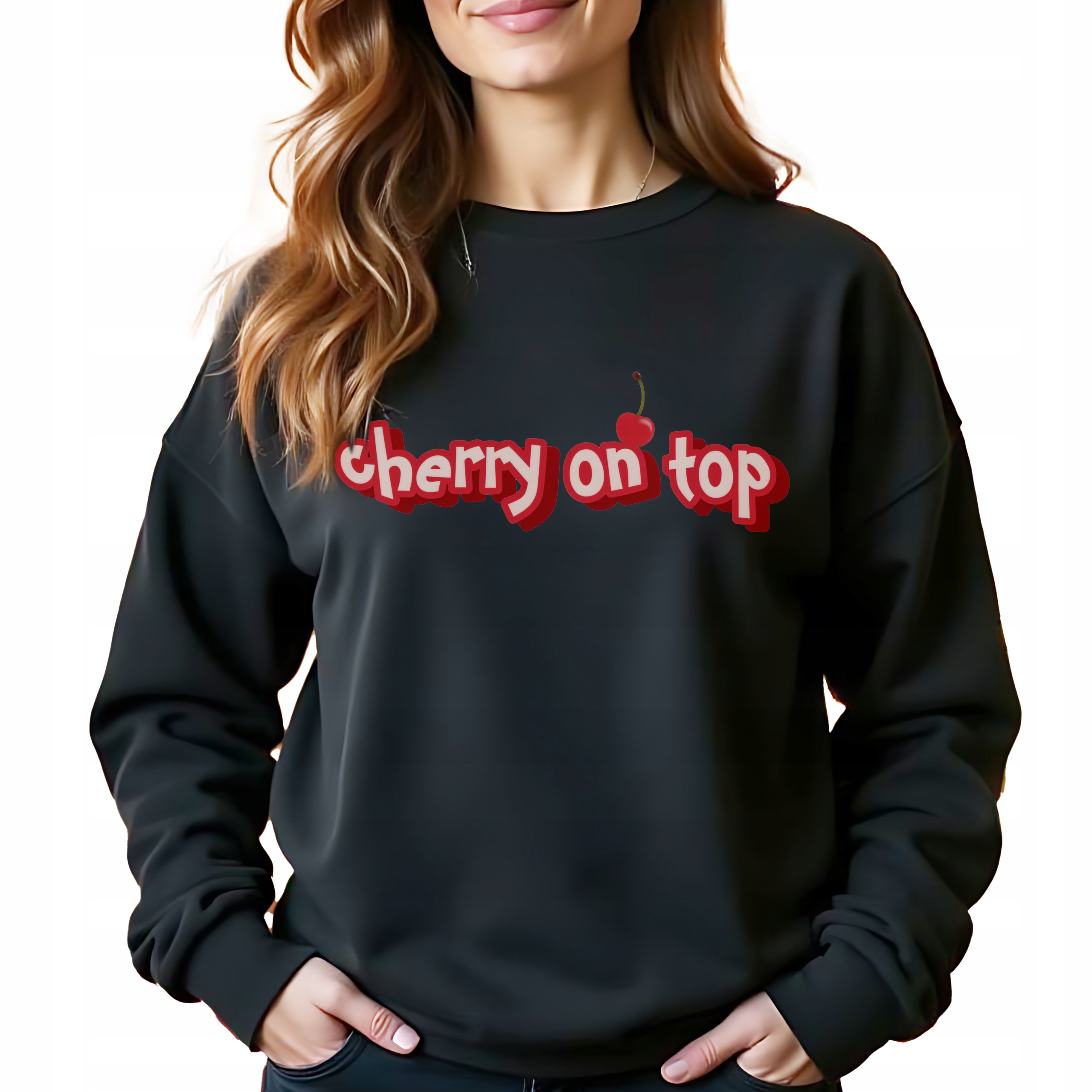 Černá Mikina Cherry On Top, stylová, Bez Kapuce jako Dárek Vel L