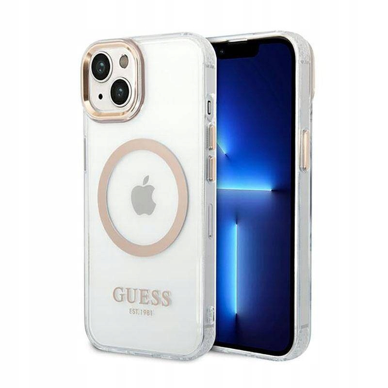Pouzdro Guess pro iPhone 14 Plus zlaté tvrdé pouzdro Metal