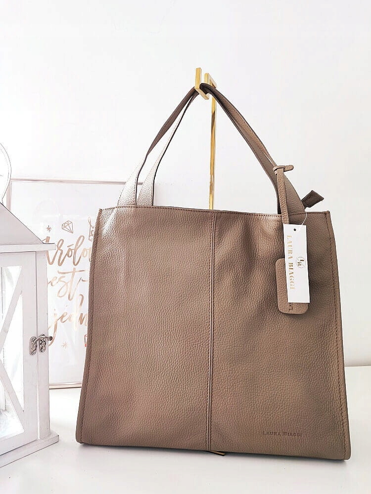 Laura Biaggi skórzana torba shopper ciemnobeżowa z przeszyciem Wielkość duża (mieszcząca A4)