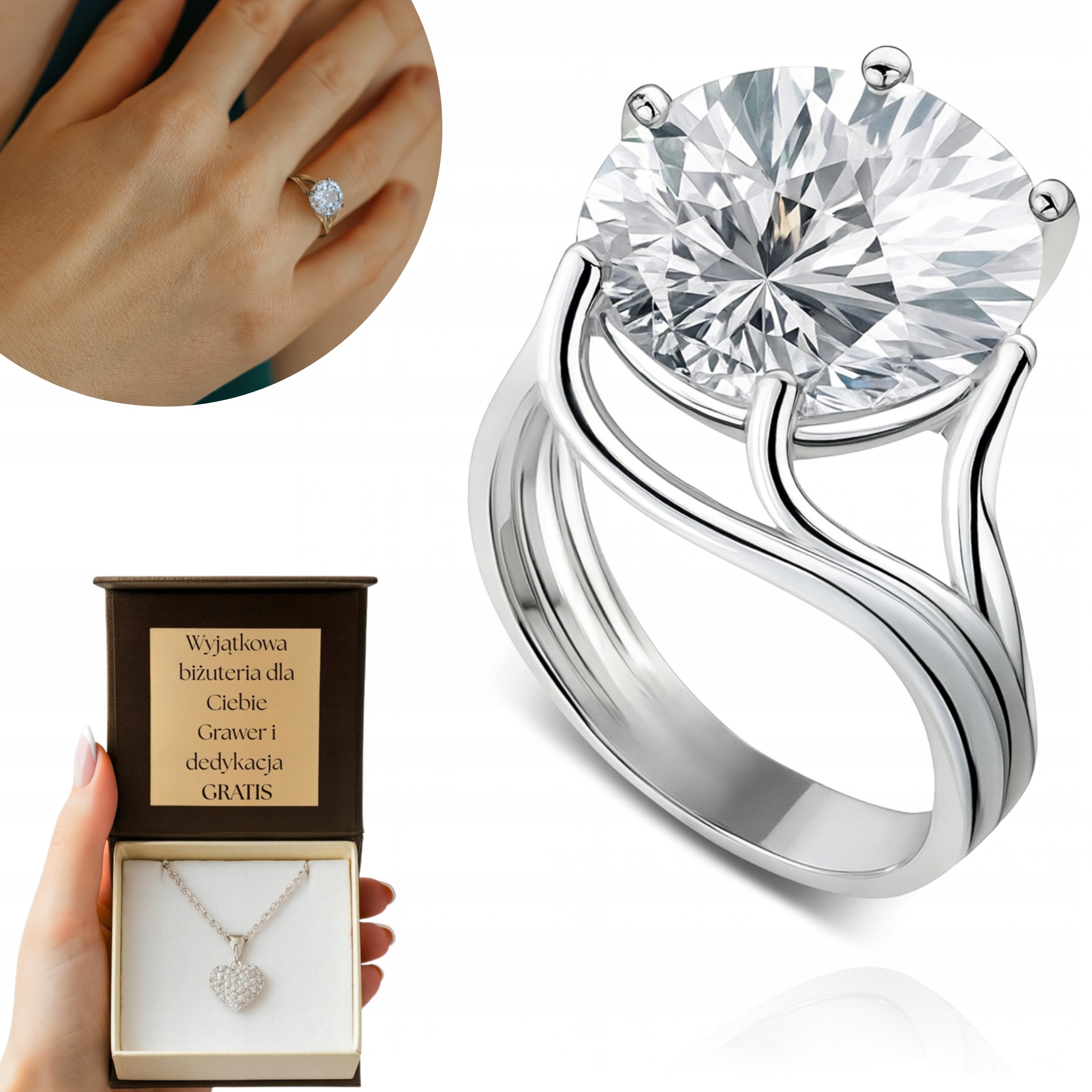 Stříbrný Prstýnek S Velkým Zirkon 13mm 925 vel. 12 Dárek Gravírování