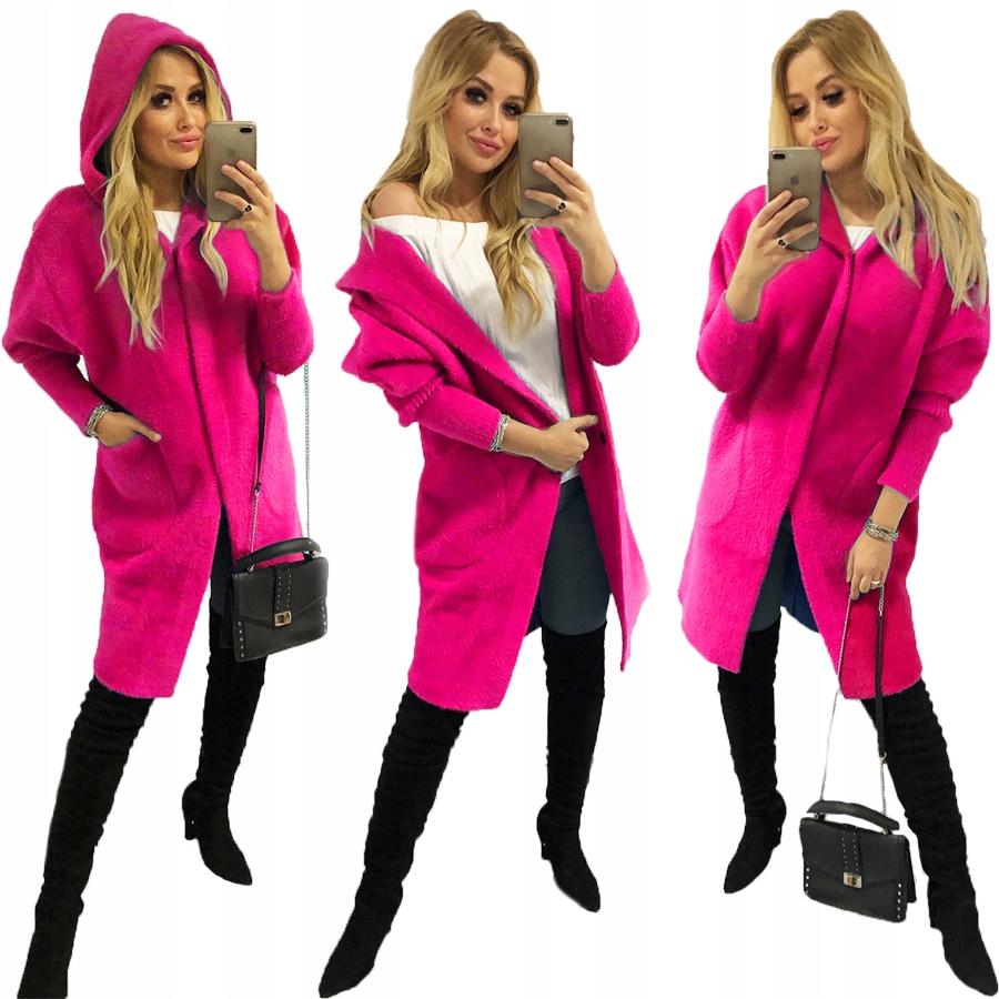 Alpaki Kabát Vlněná Bunda Barvy oversize Dlouhý Fuchsiový