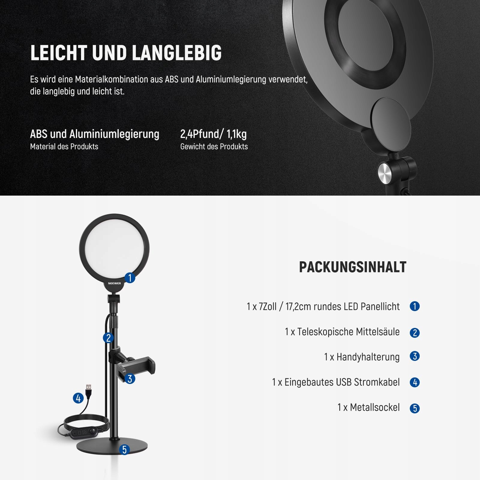 NEEWER BASICS Zestaw Selfie Lampa Pierścieniowa 7" 10W 3000K-6500K — miniatura 8