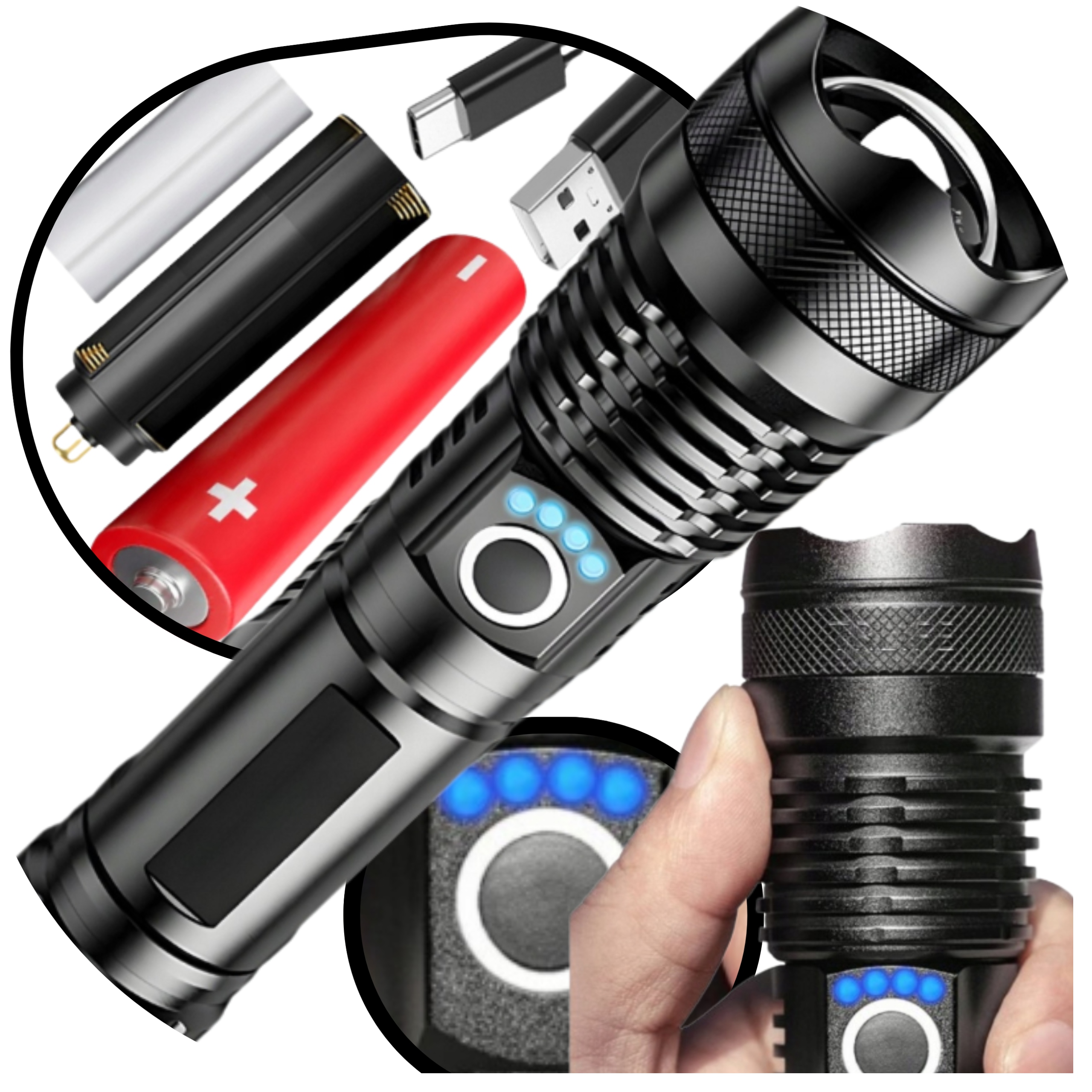 Vojenská Taktická Svítilna Survival Led Zoom Akumulátorová Usb-c Výkonná