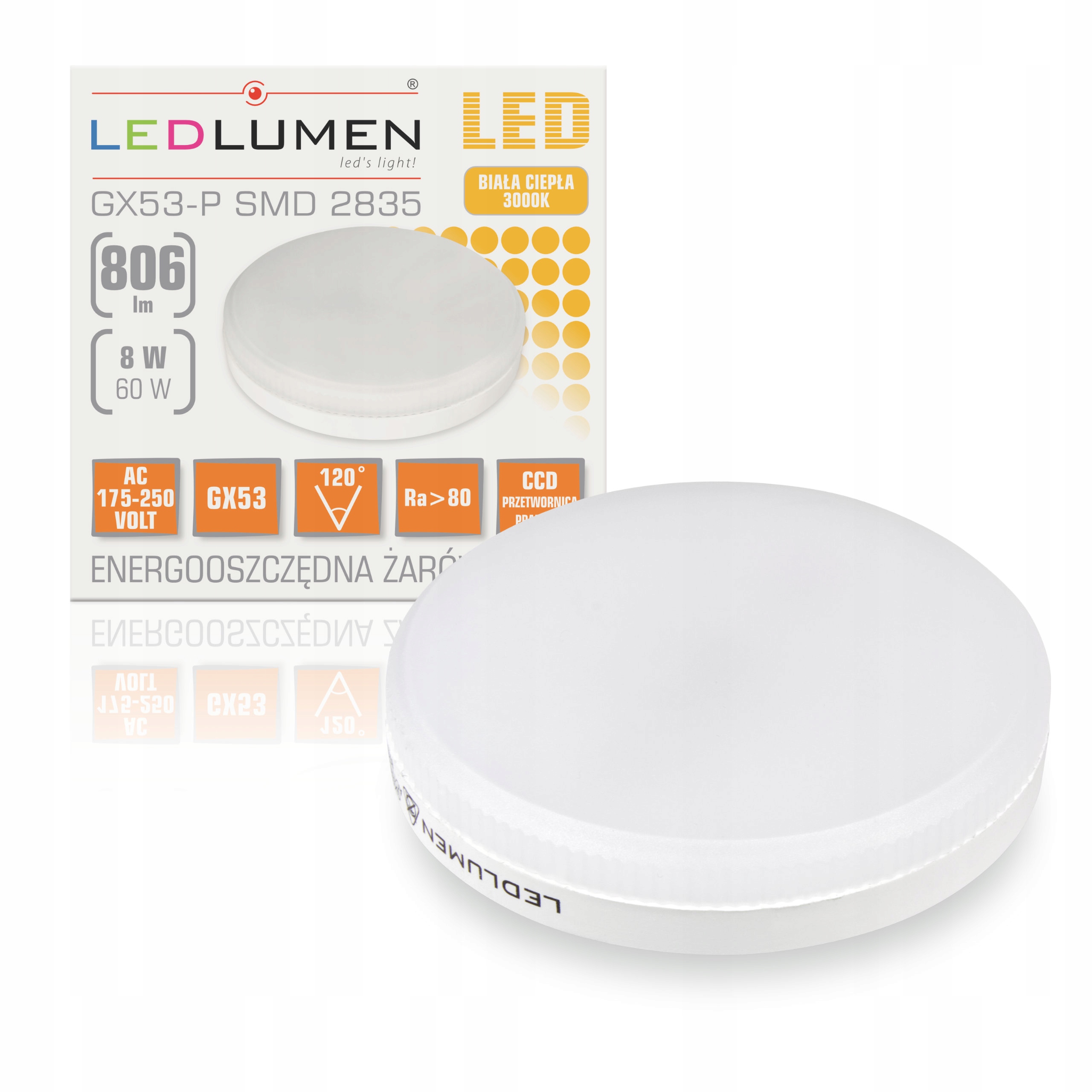 

Żarówka GX53 8W=60W Led Smd 806lm CCD Ledlumen