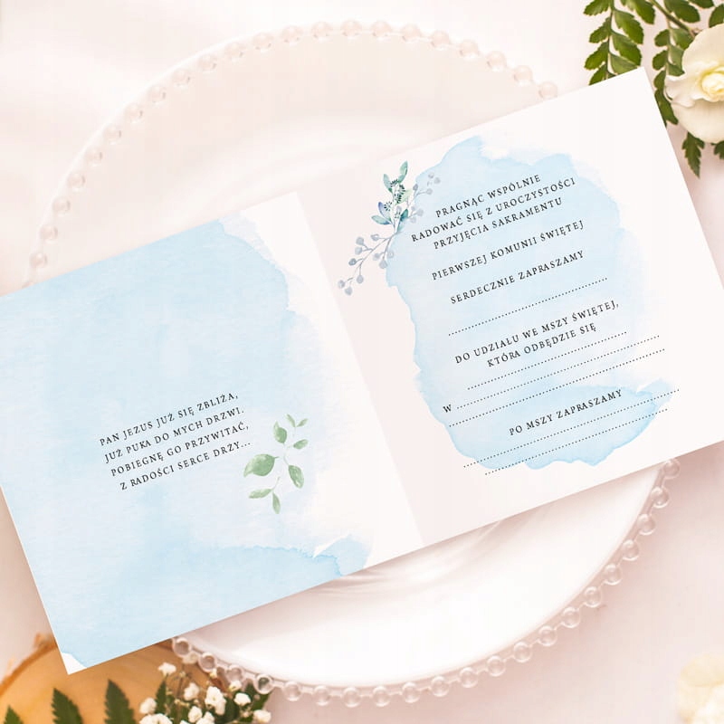 ZAPROSZENIA na komunię Błękitne Gałązki 10szt Kolor dominujący biały