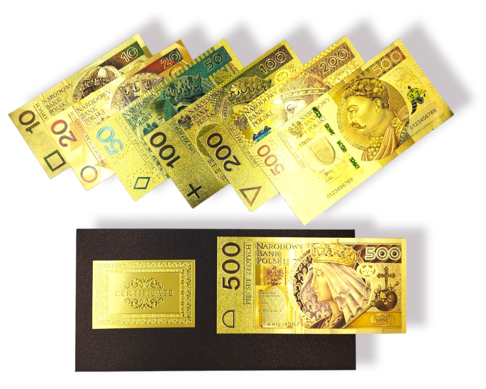 

Zestaw Polskich Banknotów Pozłacanych Certyfikat
