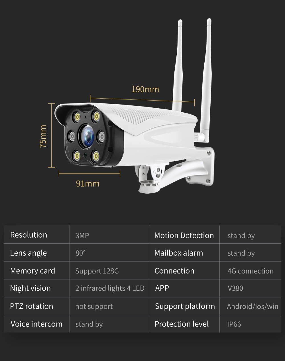KAMERA LTE IP 3G 4G CAM SIM ZEWNĘTRZNA GSM 3Mpx Procesor sygnałowy DSP MSTAR