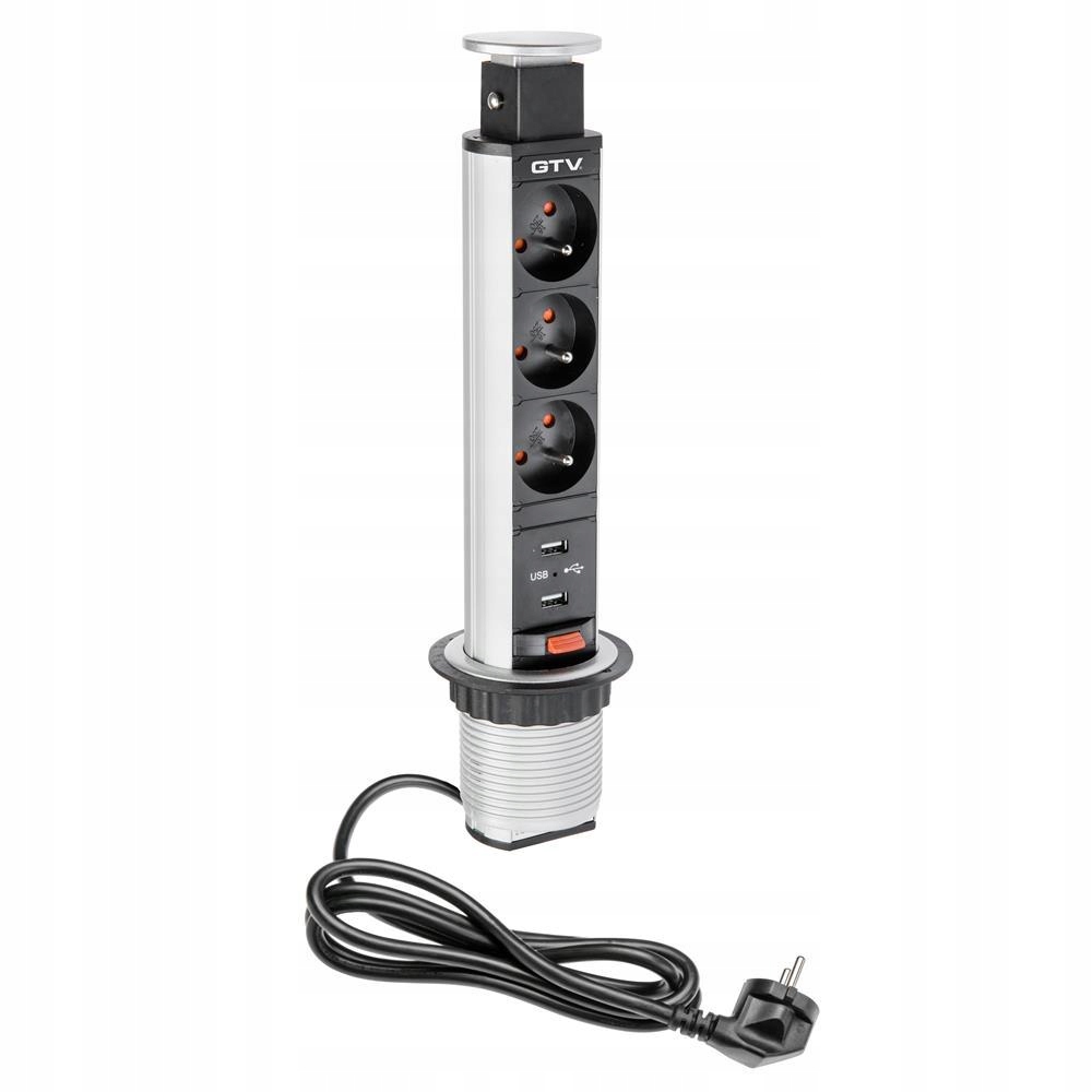 Zásuvky zapuštěné do pracovní desky 60MM 3x230V 2xUSB stříbrná